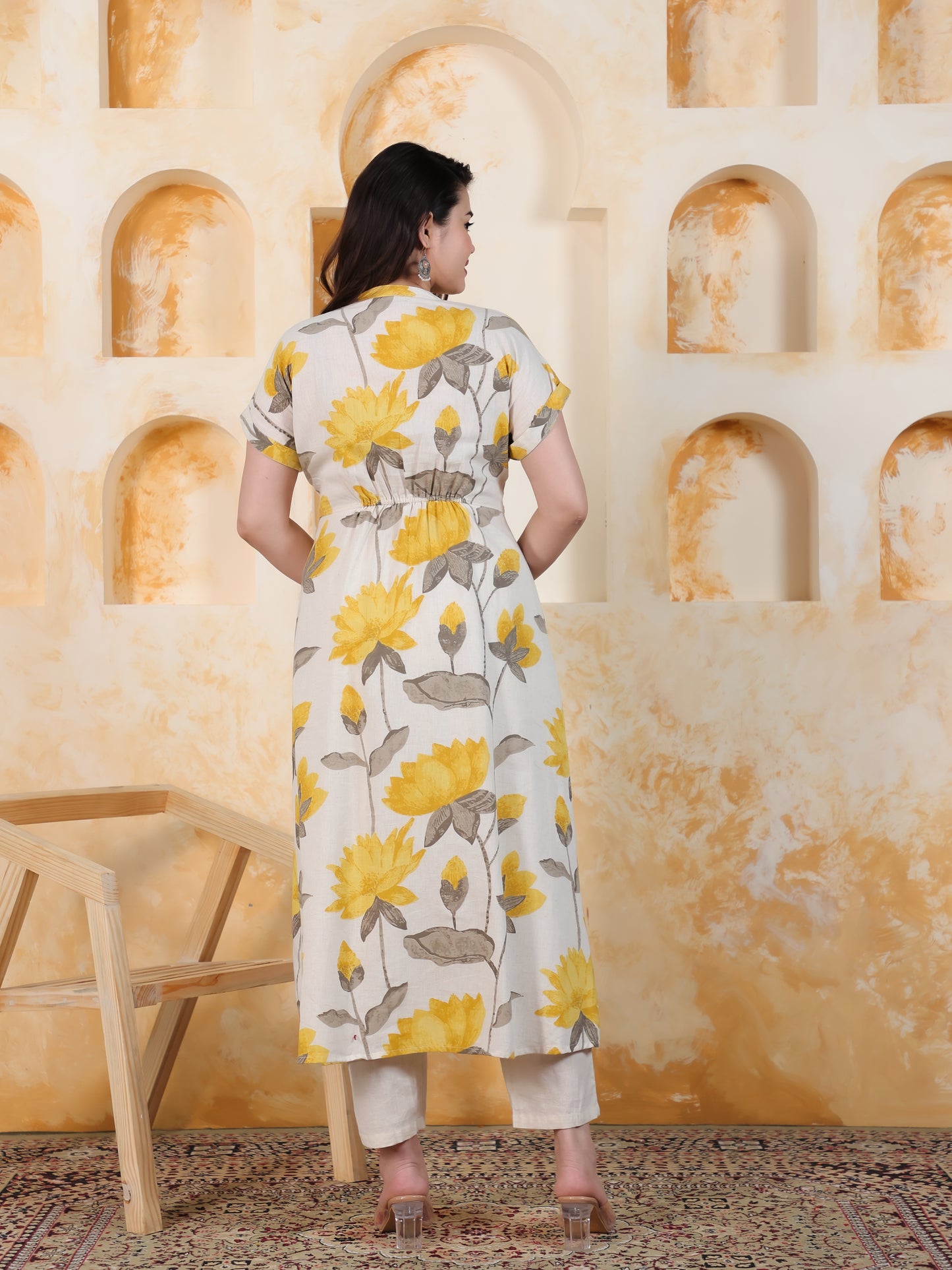 Linen Cotton Floral A-line Off White Kurta