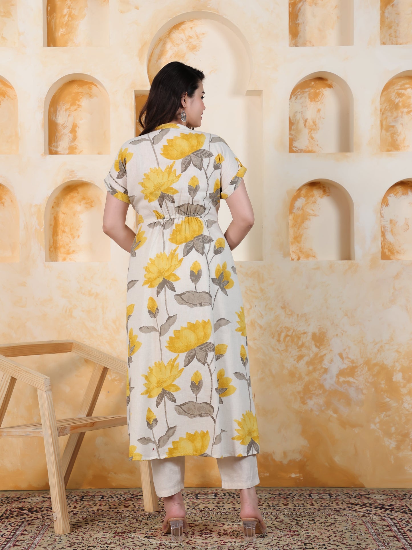 Linen Cotton Floral A-line Off White Kurta