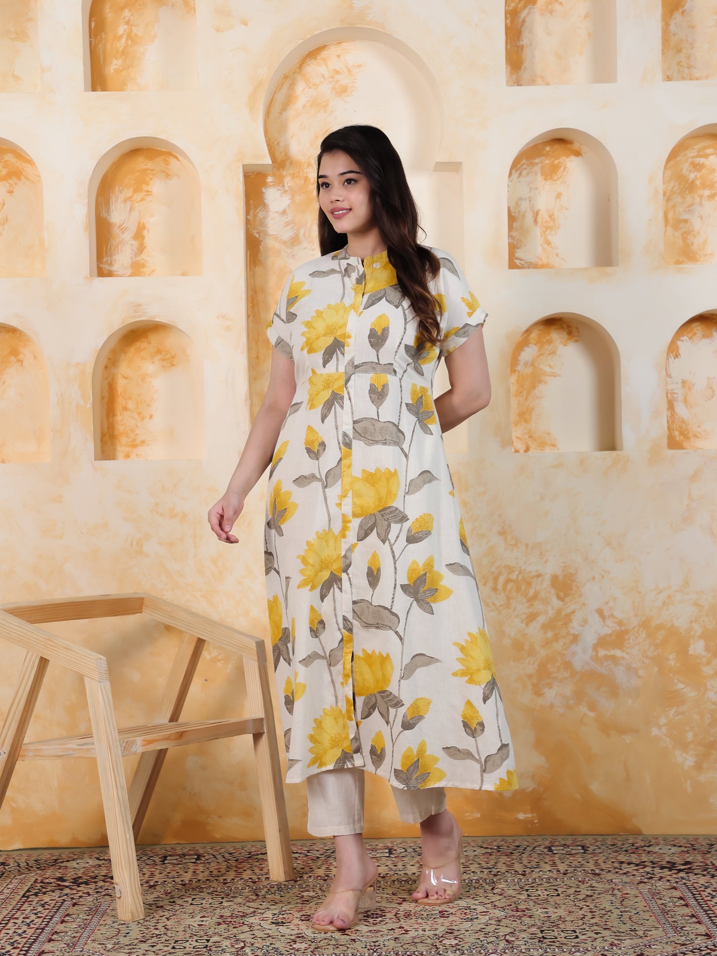 Linen Cotton Floral A-line Off White Kurta