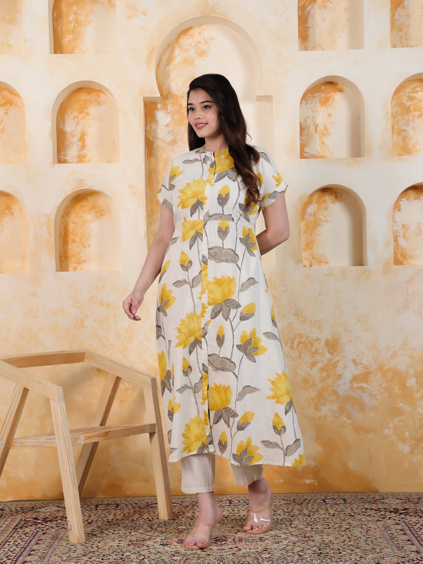 Linen Cotton Floral A-line Off White Kurta