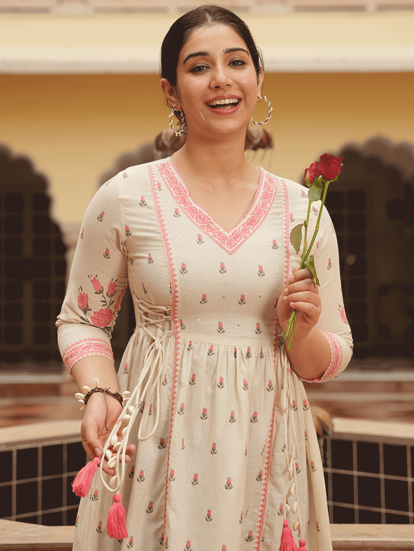 Embroidered Linen Cotton Floral Flared Off White Kurta