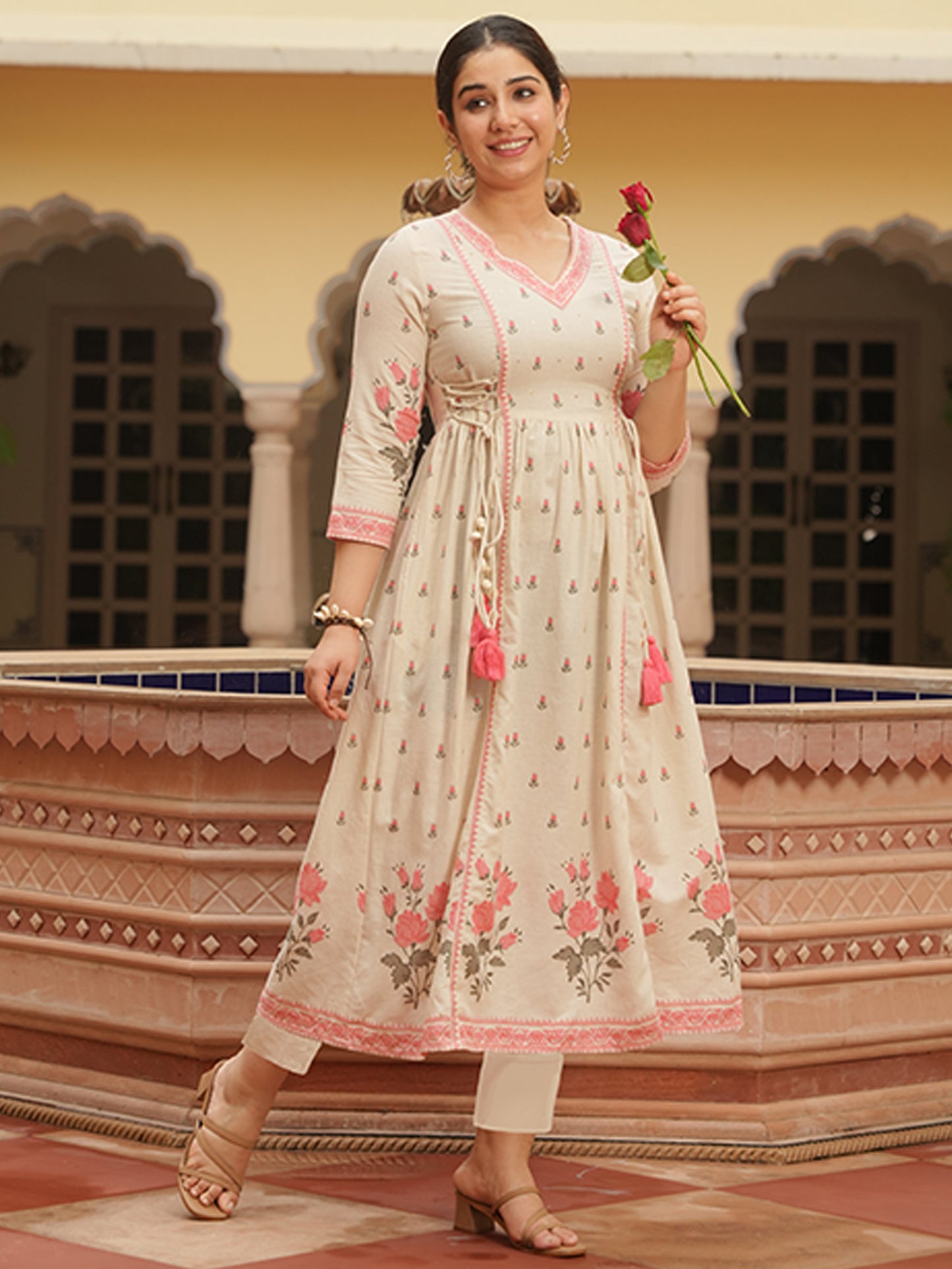 Embroidered Linen Cotton Floral Flared Off White Kurta