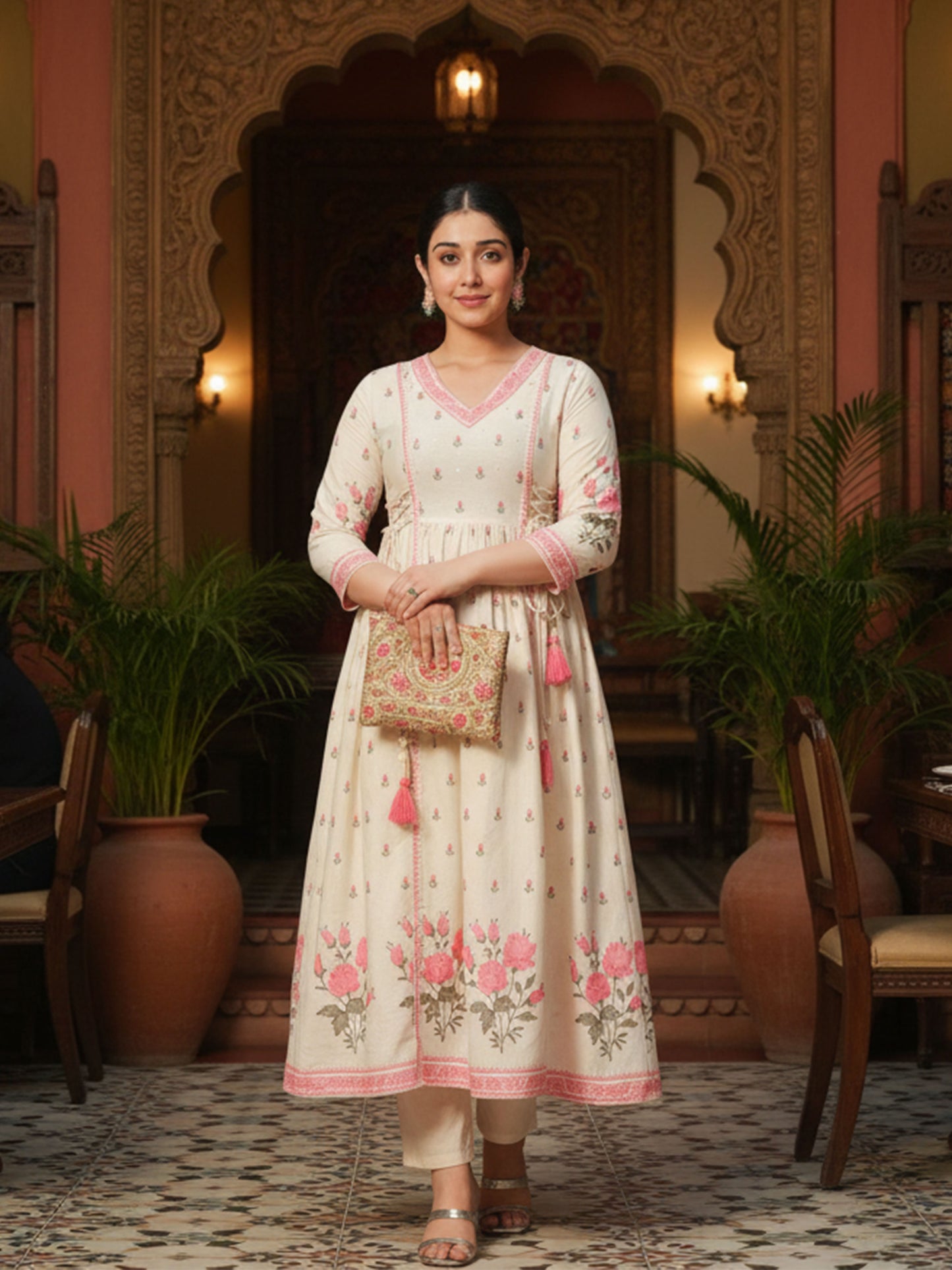 Embroidered Linen Cotton Floral Flared Off White Kurta