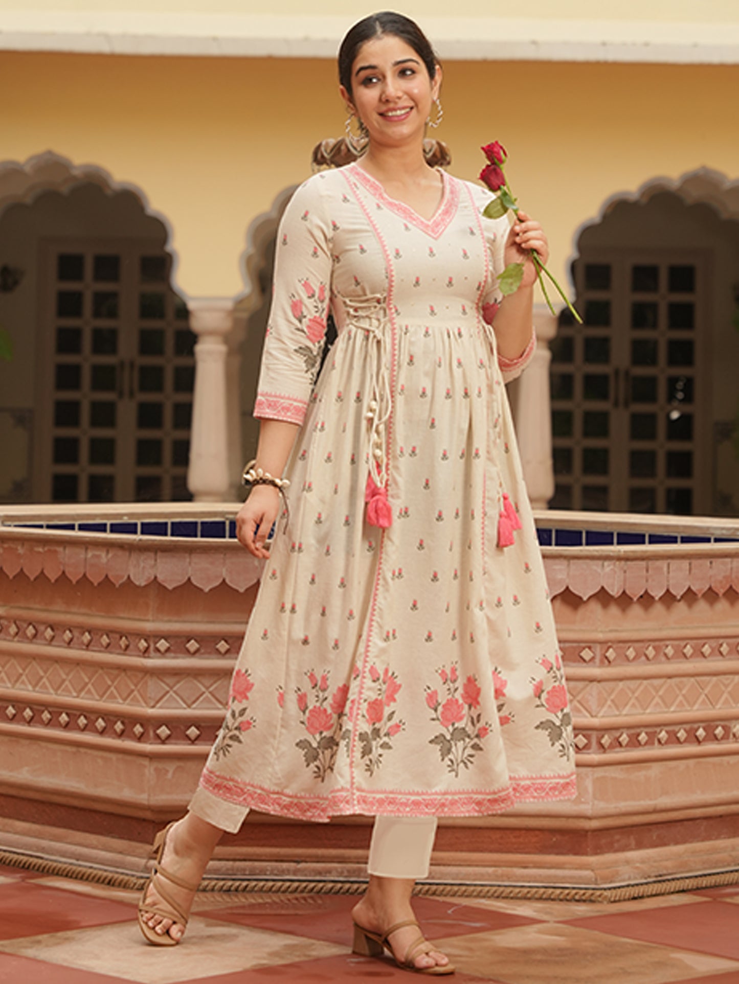 Embroidered Linen Cotton Floral Flared Off White Kurta