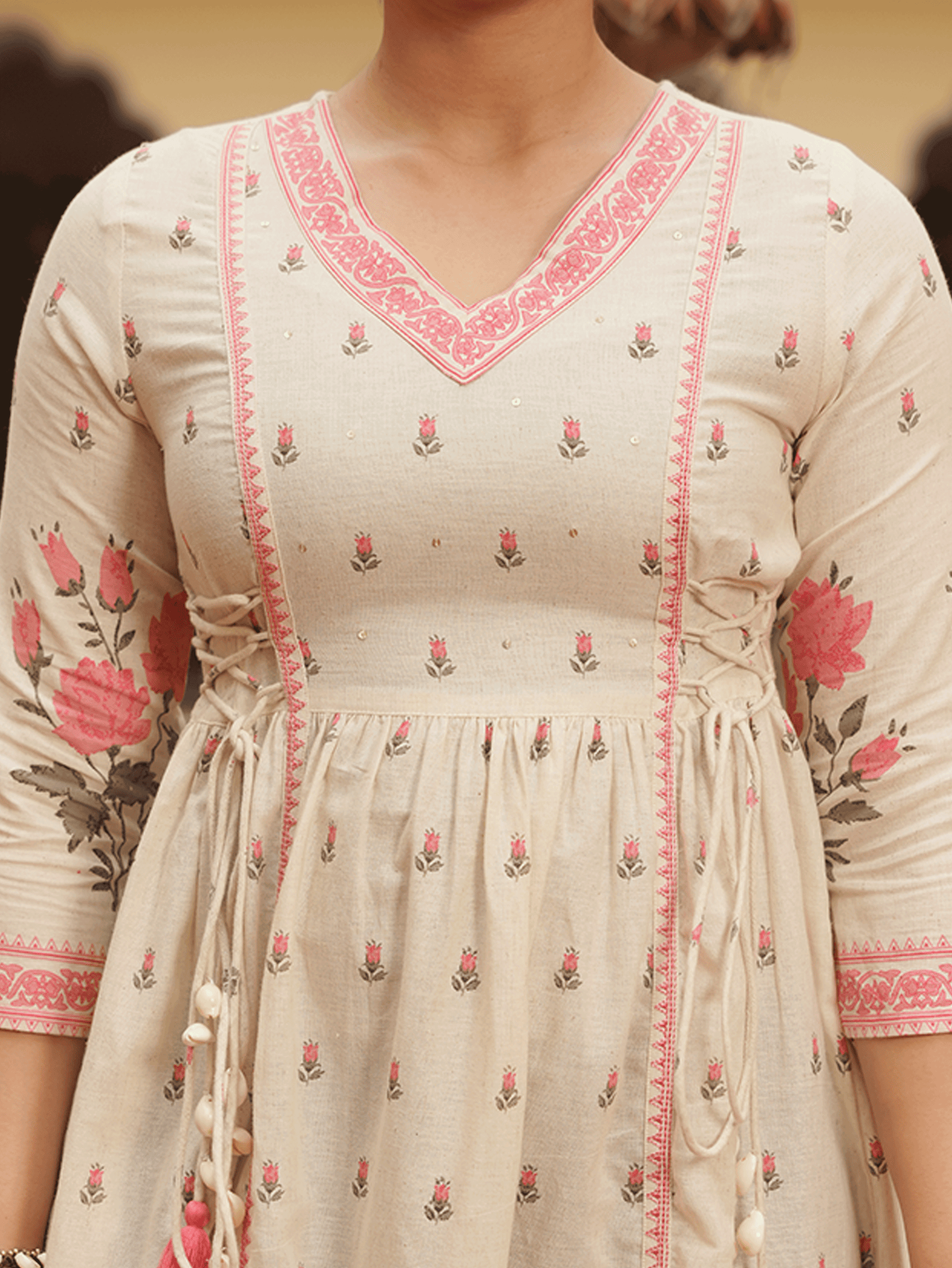 Embroidered Linen Cotton Floral Flared Off White Kurta