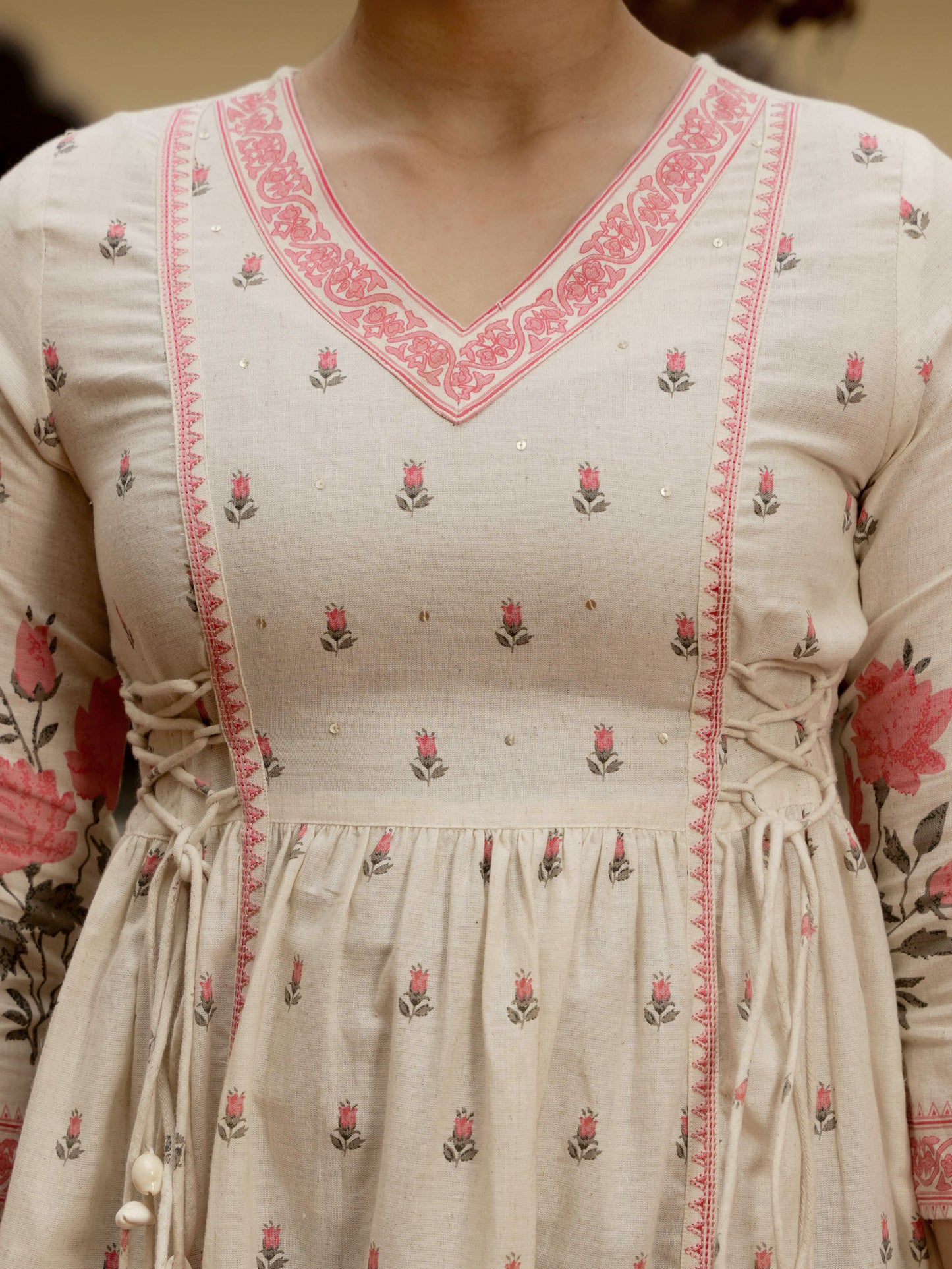 Embroidered Linen Cotton Floral Flared Off White Kurta