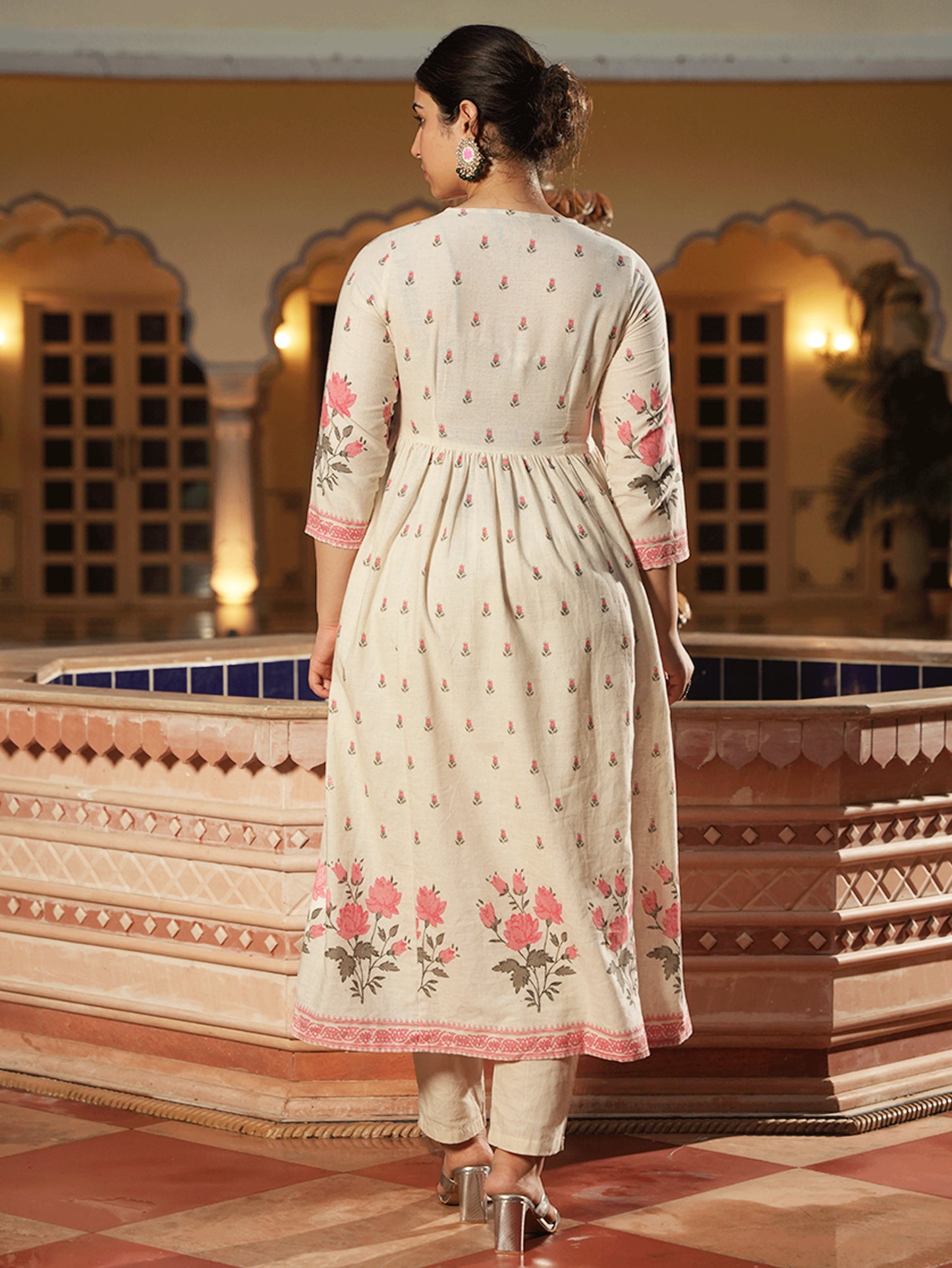 Embroidered Linen Cotton Floral Flared Off White Kurta