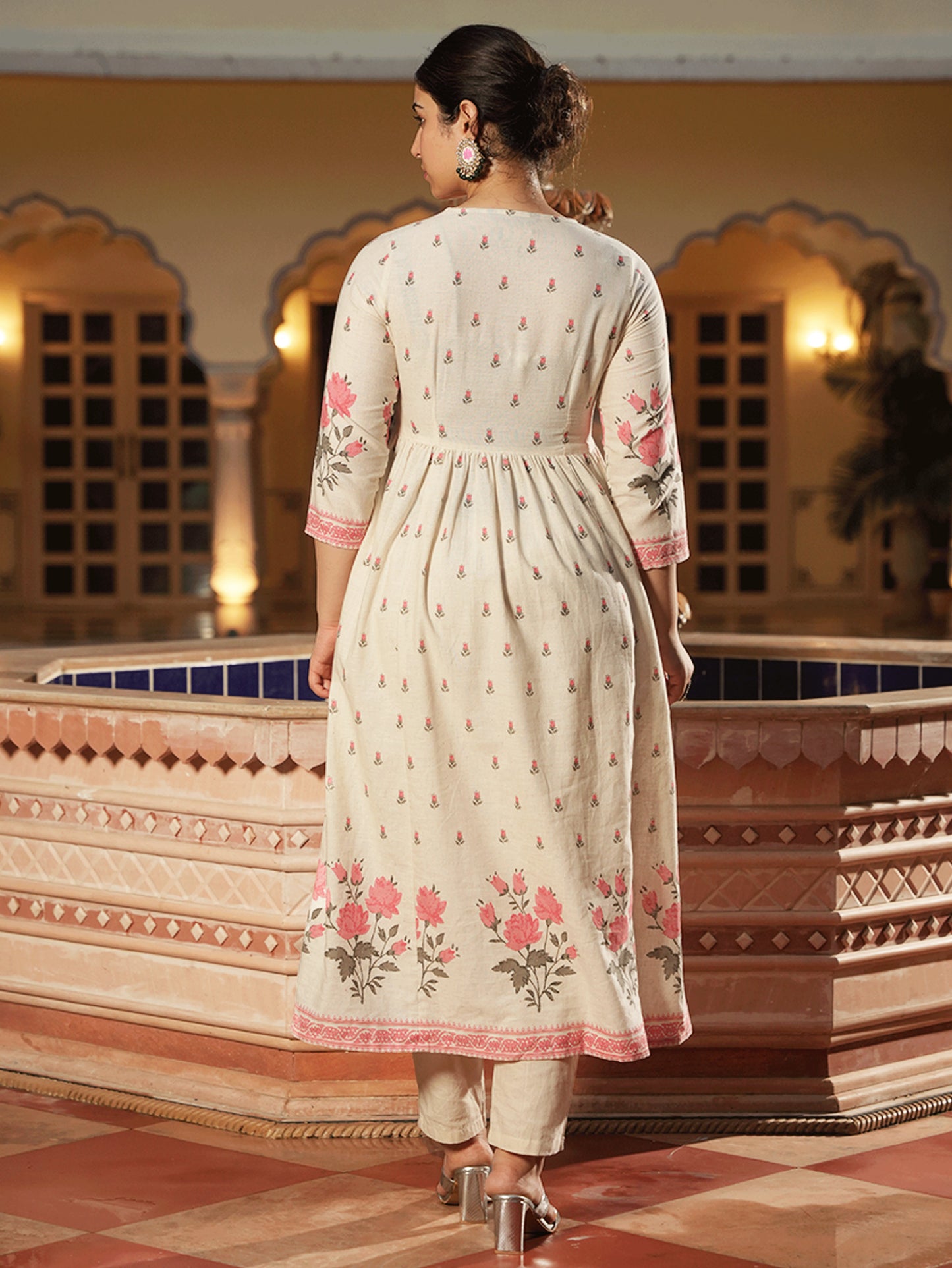 Embroidered Linen Cotton Floral Flared Off White Kurta
