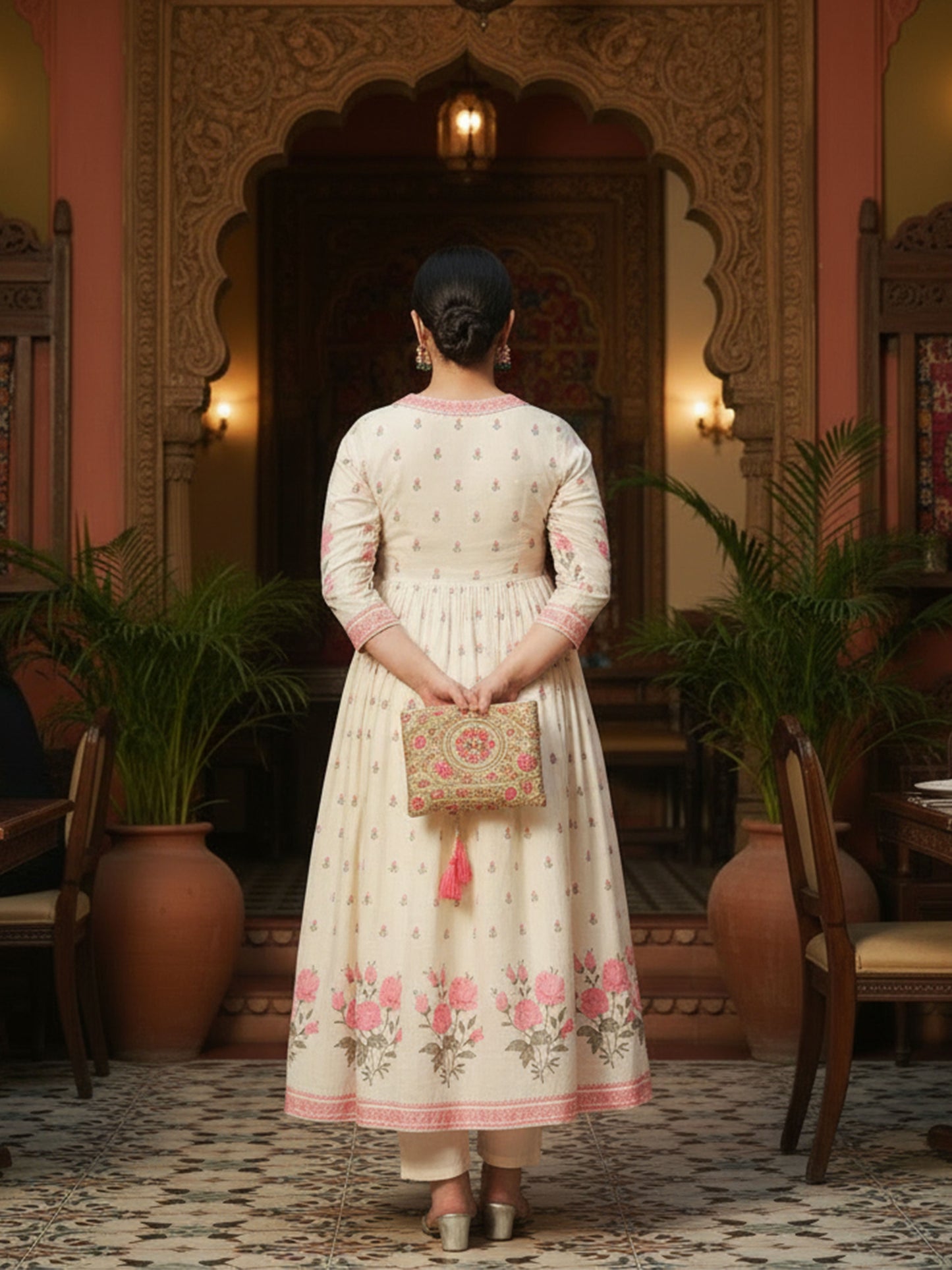 Embroidered Linen Cotton Floral Flared Off White Kurta