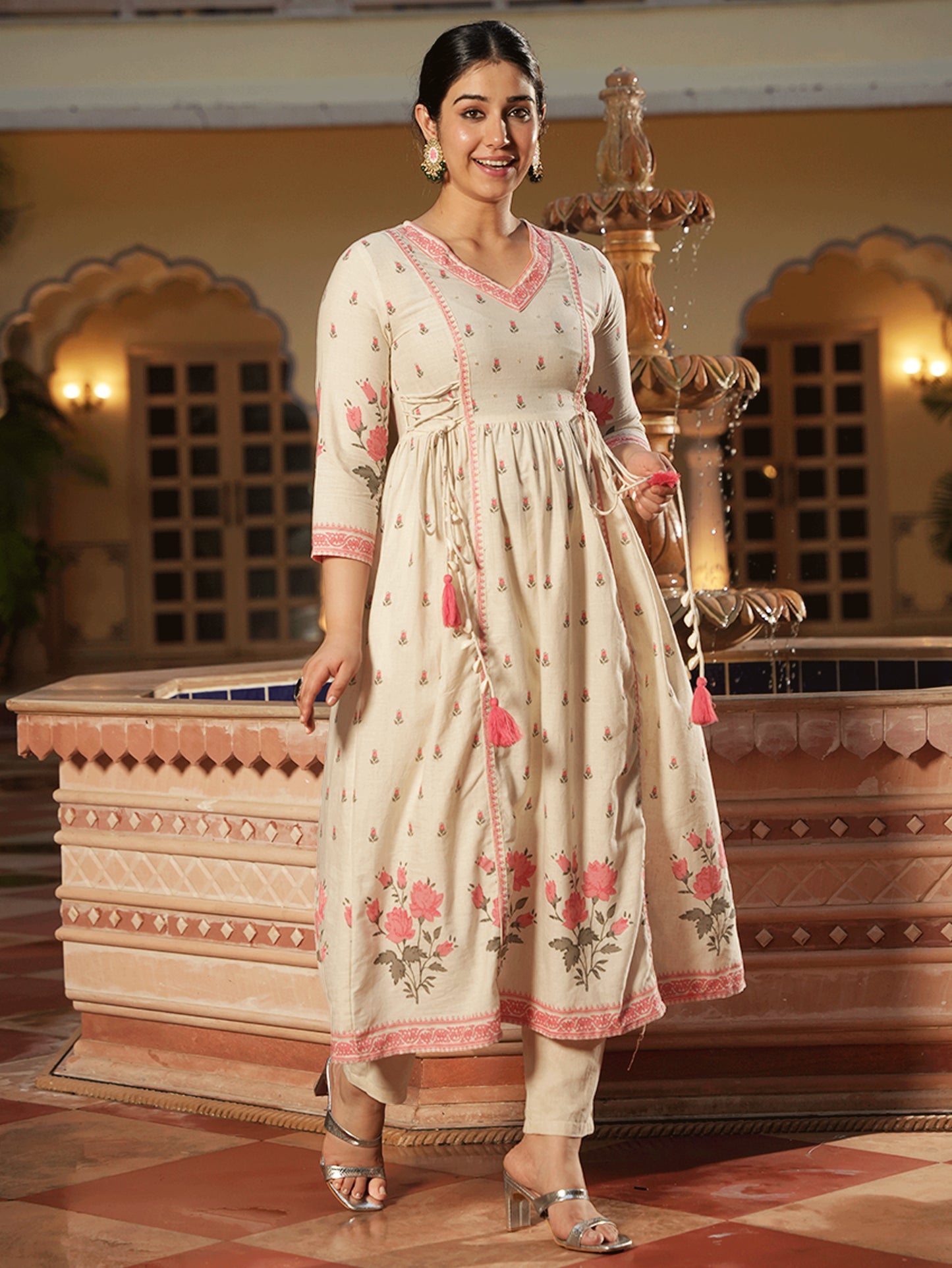 Embroidered Linen Cotton Floral Flared Off White Kurta