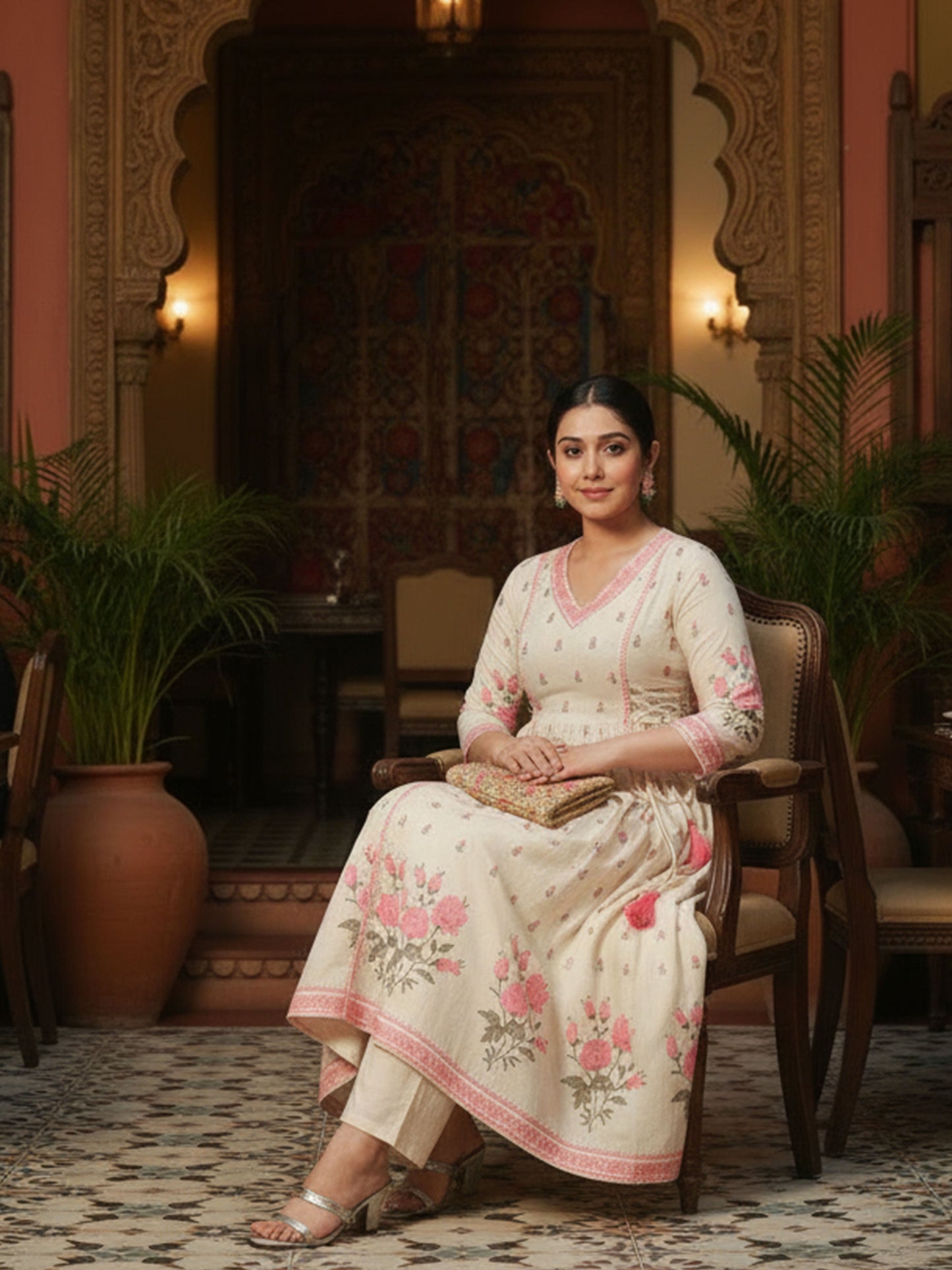 Embroidered Linen Cotton Floral Flared Off White Kurta