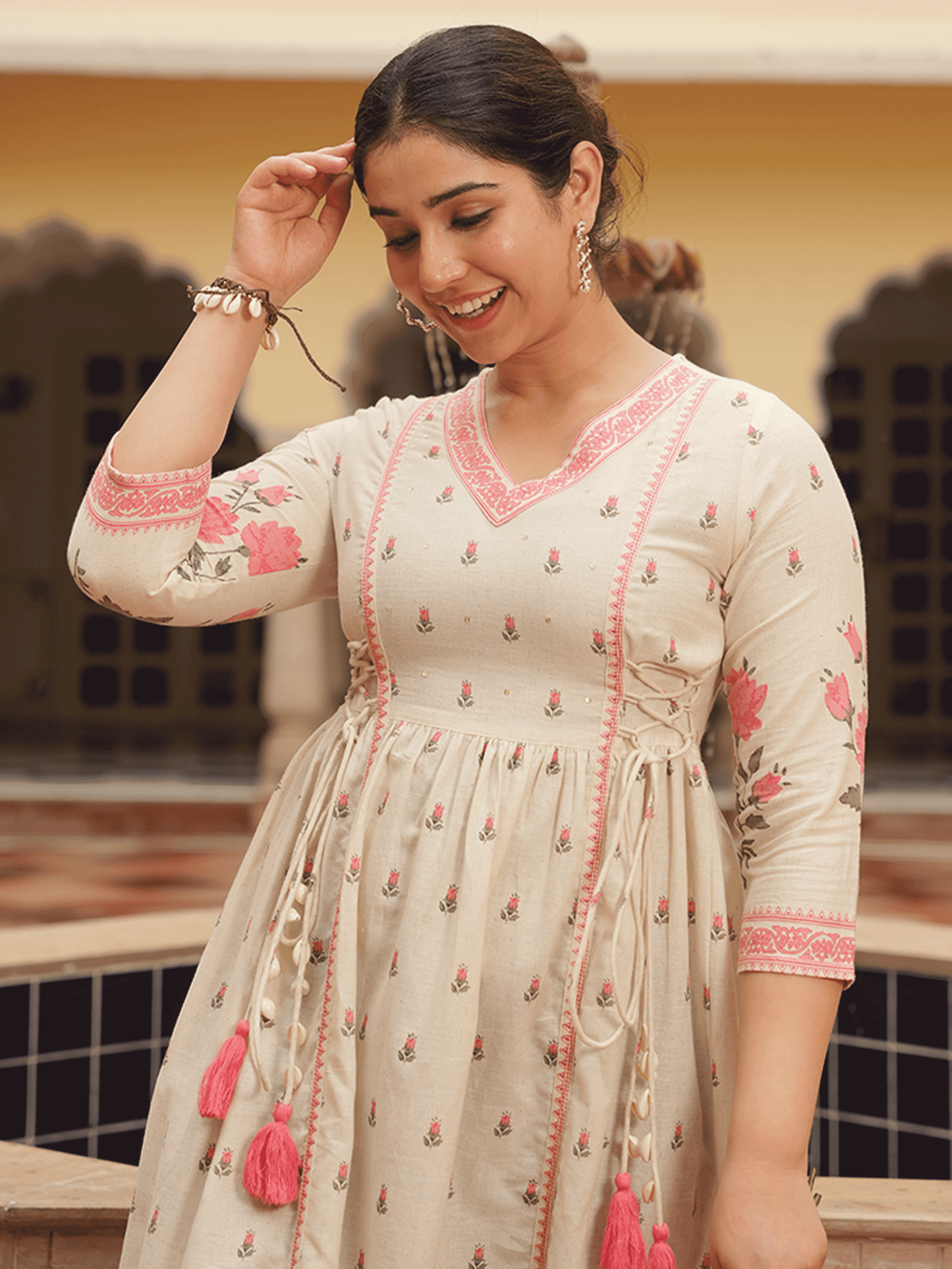 Embroidered Linen Cotton Floral Flared Off White Kurta
