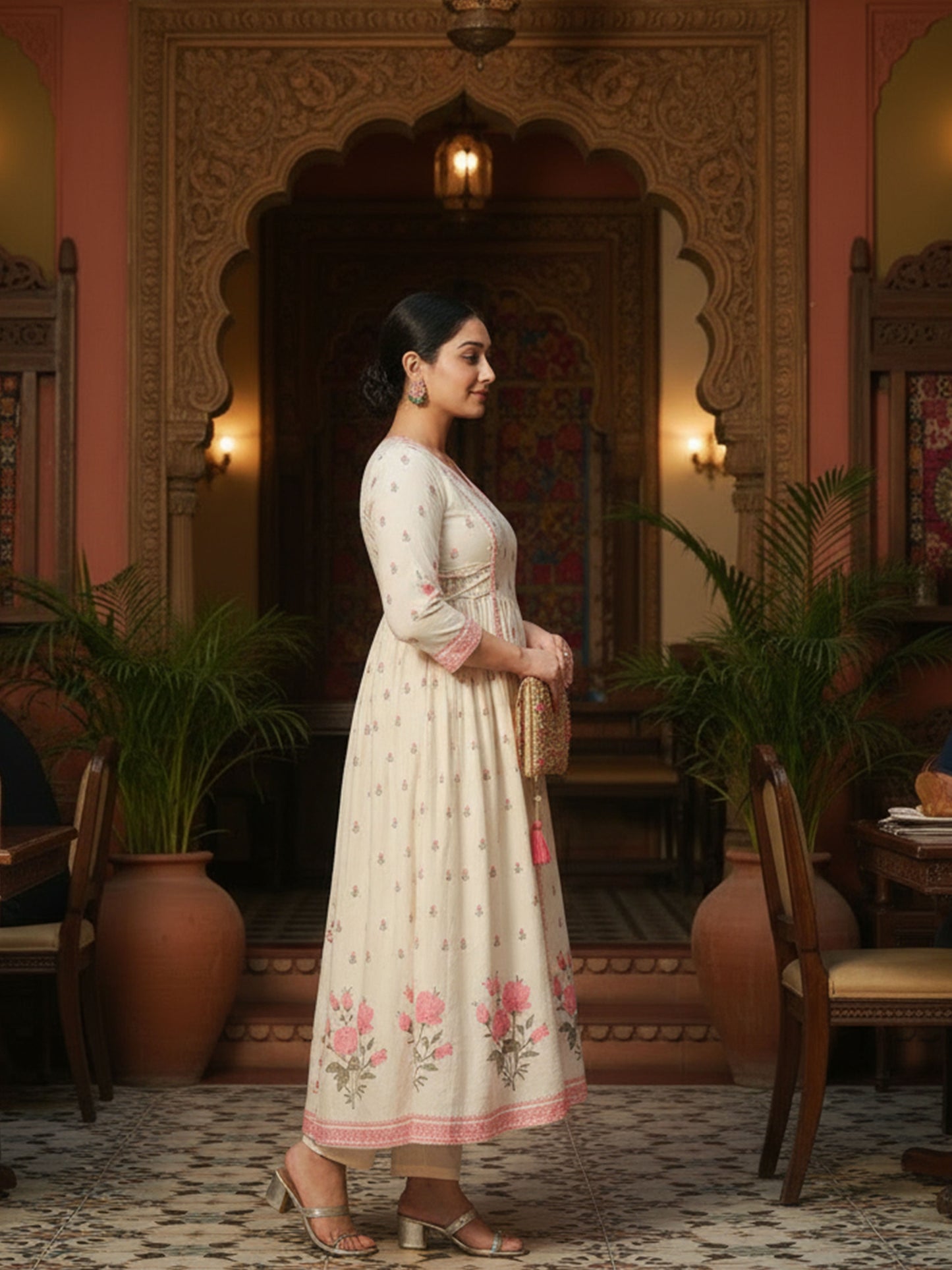 Embroidered Linen Cotton Floral Flared Off White Kurta