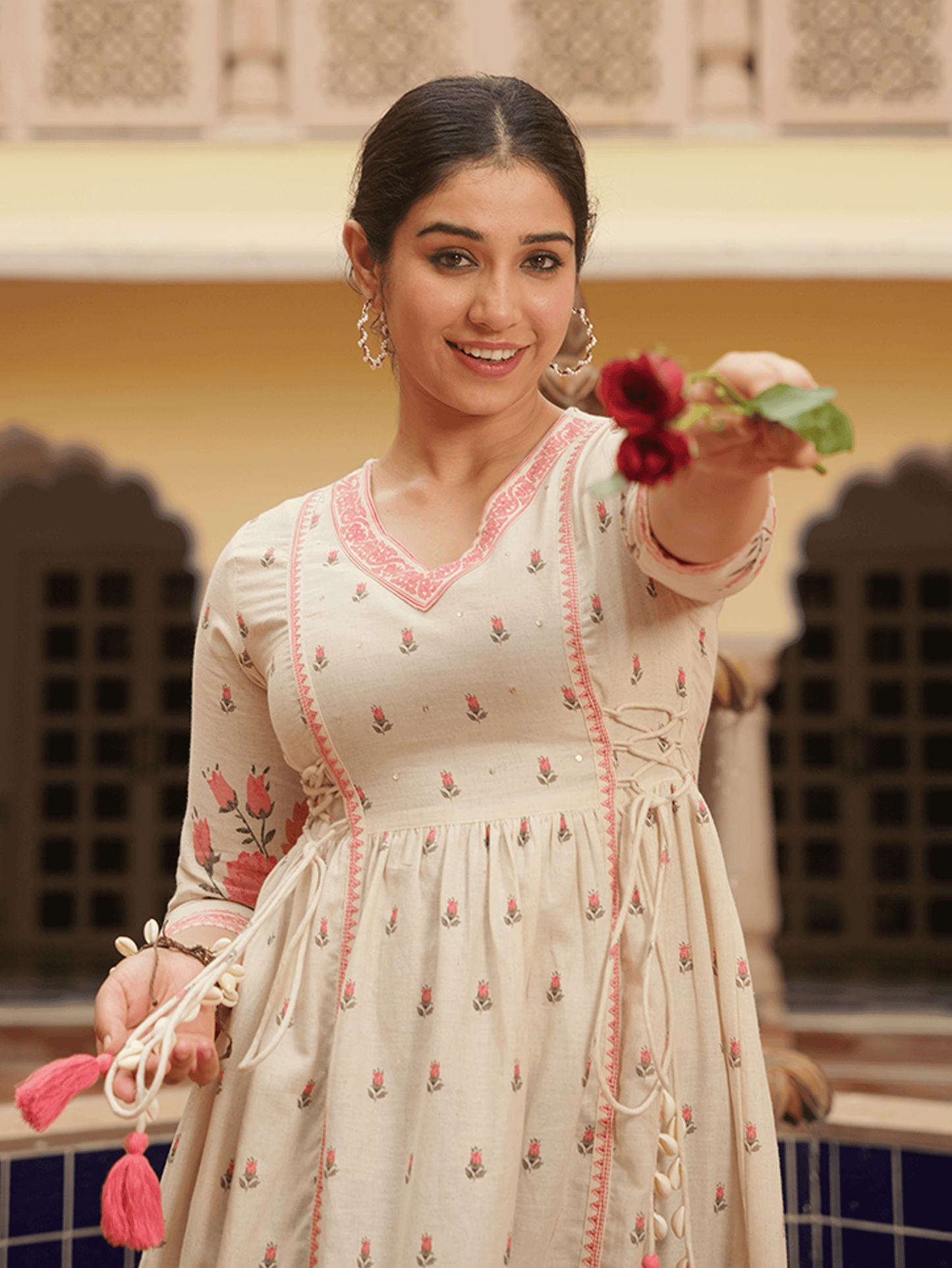 Embroidered Linen Cotton Floral Flared Off White Kurta