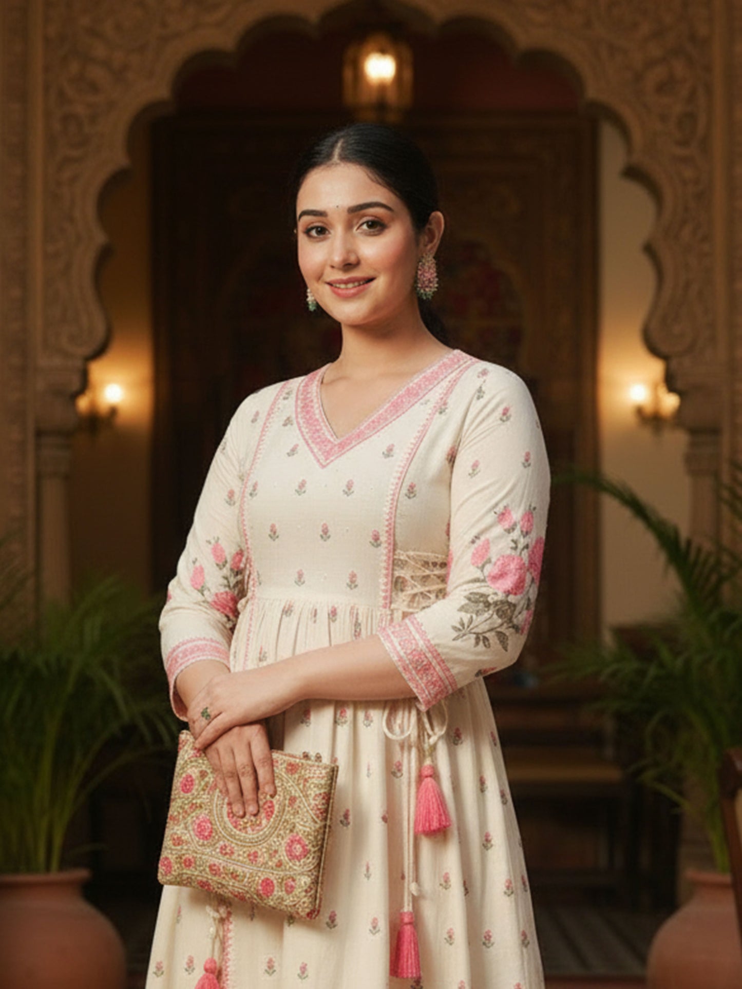 Embroidered Linen Cotton Floral Flared Off White Kurta