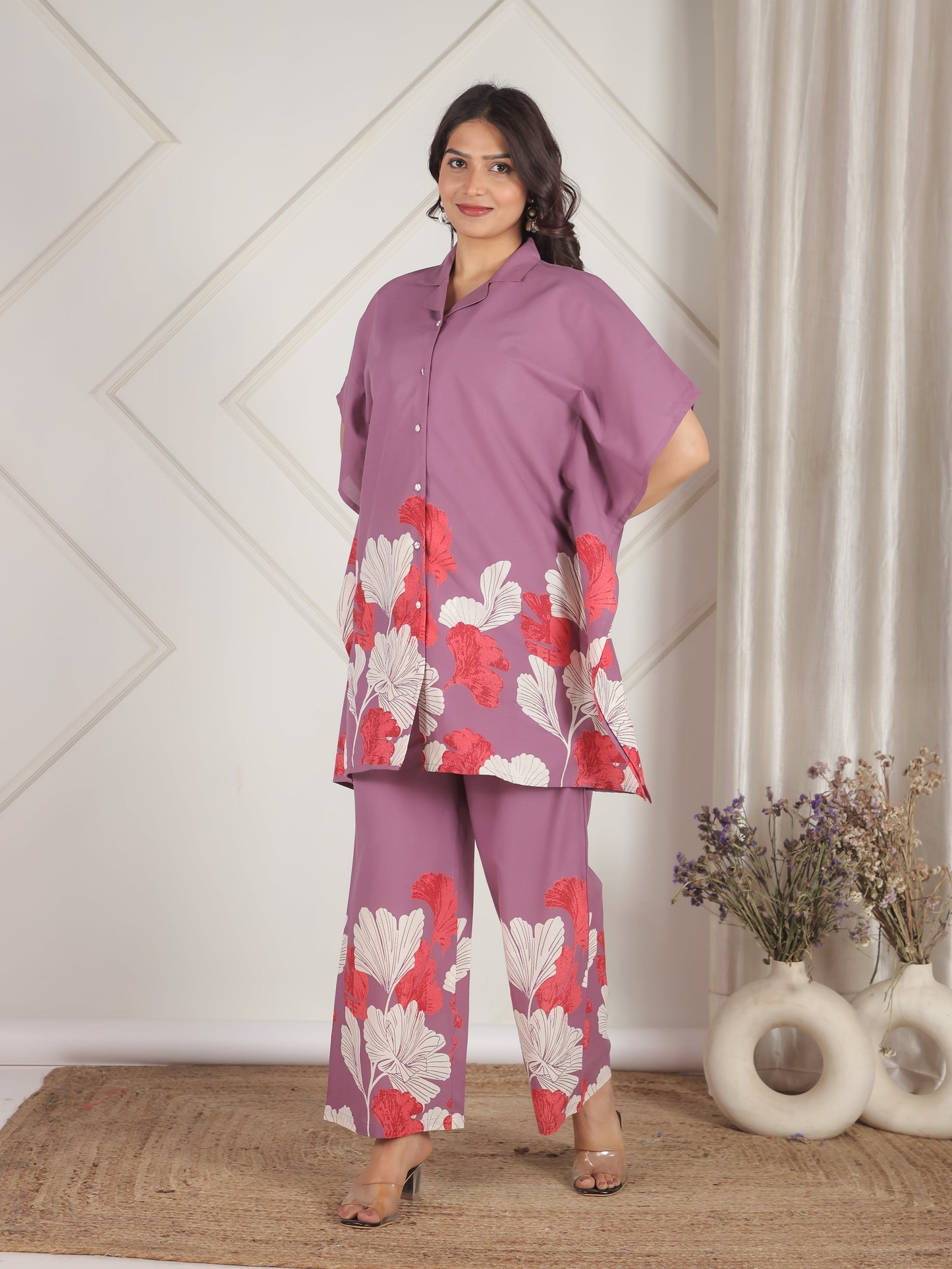 Soft Cotton Placement Print Kaftan Purple Co-Ord