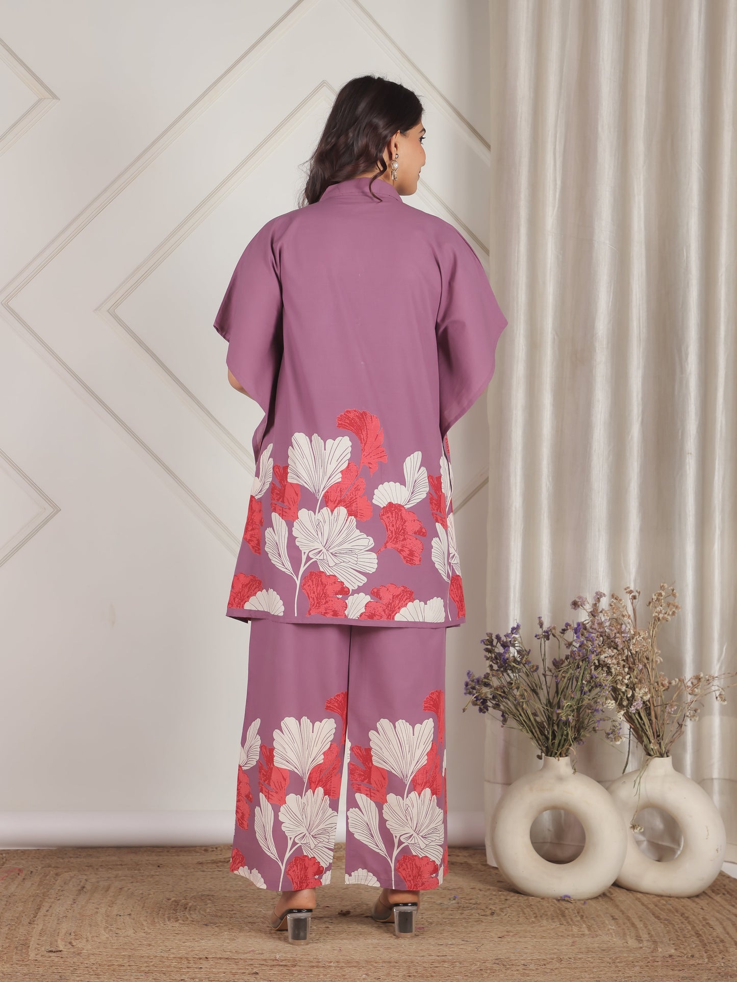 Soft Cotton Placement Print Kaftan Purple Co-Ord