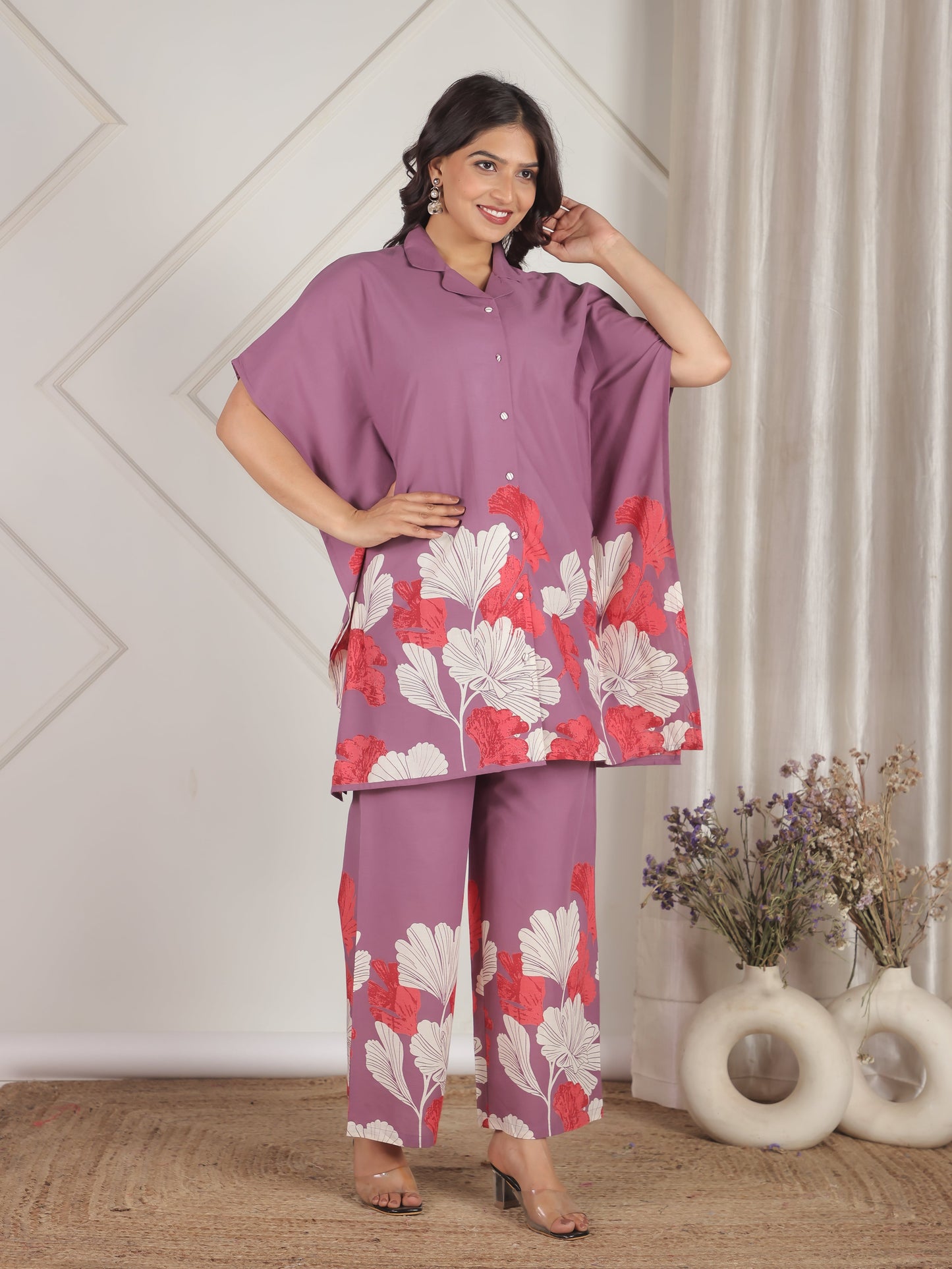 Soft Cotton Placement Print Kaftan Purple Co-Ord