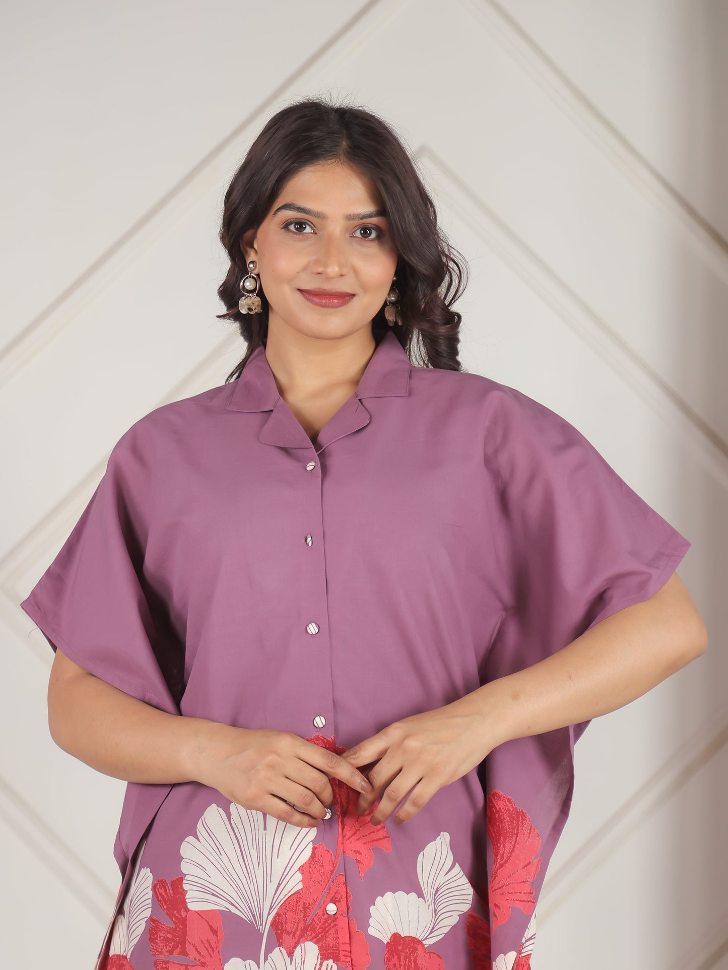 Soft Cotton Placement Print Kaftan Purple Co-Ord