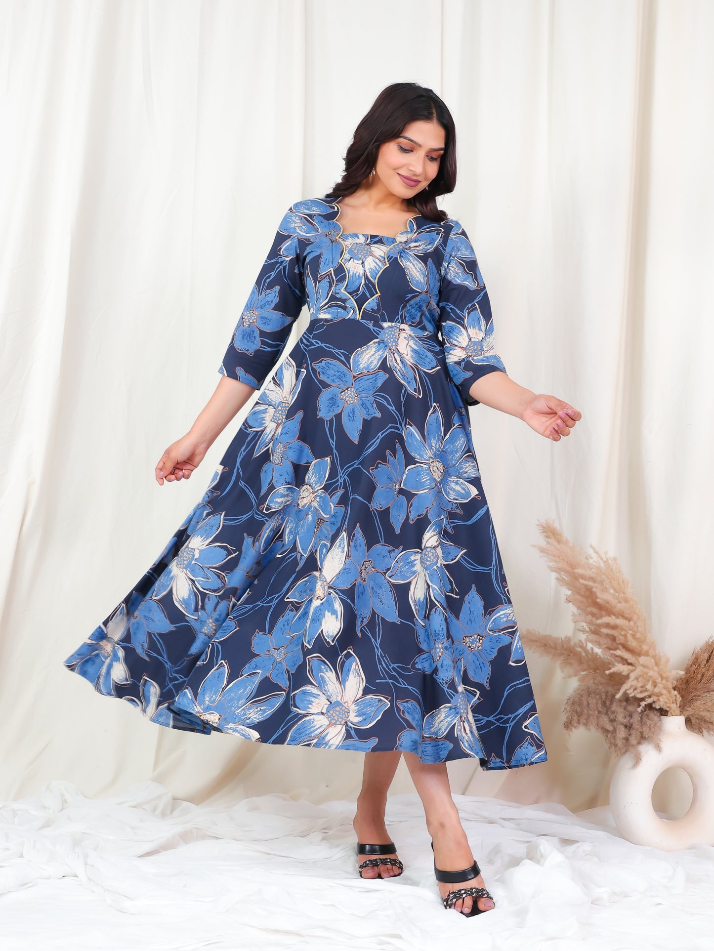 Embroidered Soft Cotton Floral Flared Blue Dress