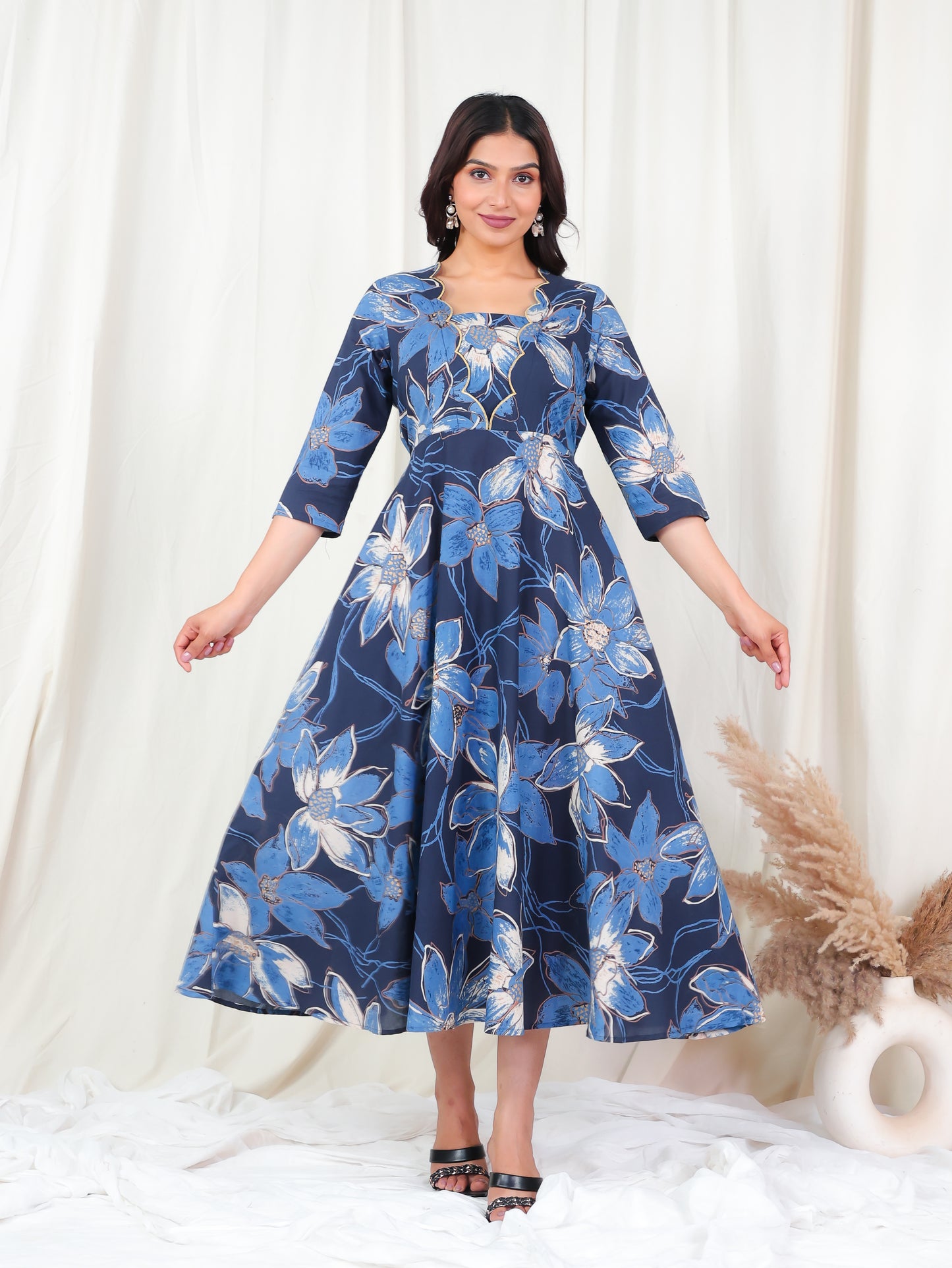 Embroidered Soft Cotton Floral Flared Blue Dress