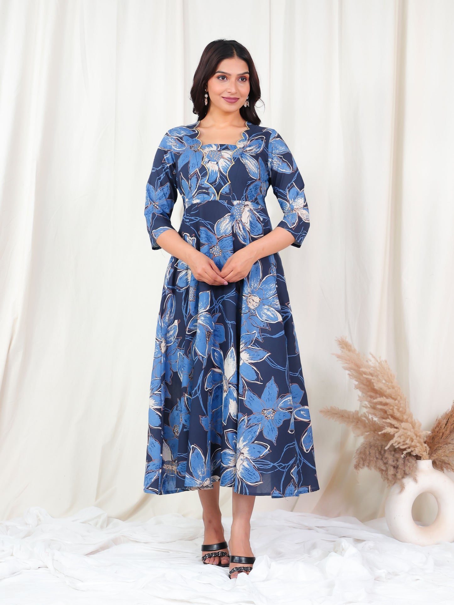 Embroidered Soft Cotton Floral Flared Blue Dress