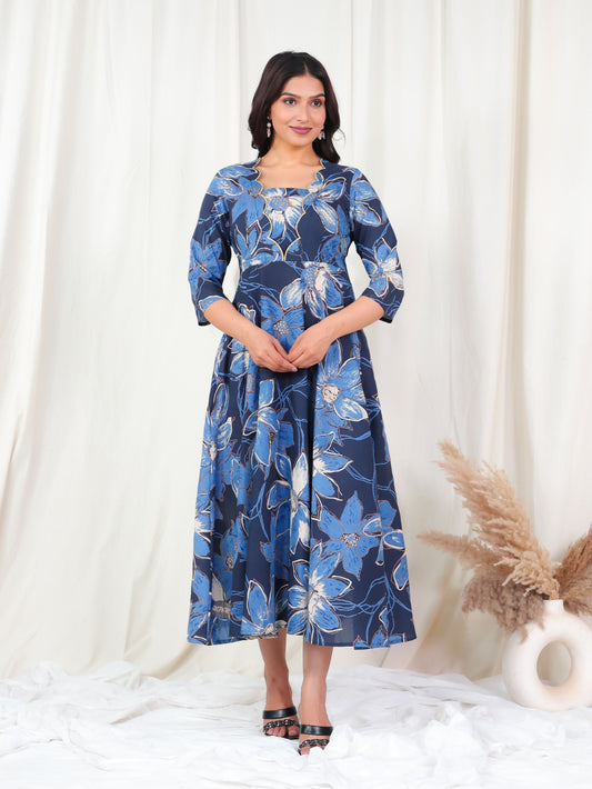 Embroidered Soft Cotton Floral Flared Blue Dress