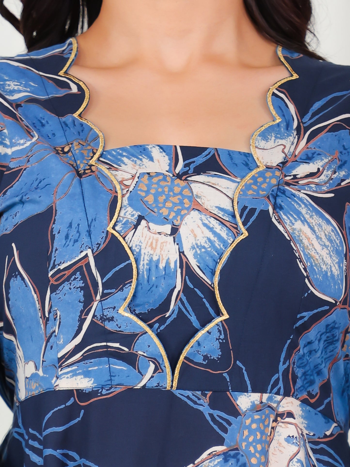 Embroidered Soft Cotton Floral Flared Blue Dress