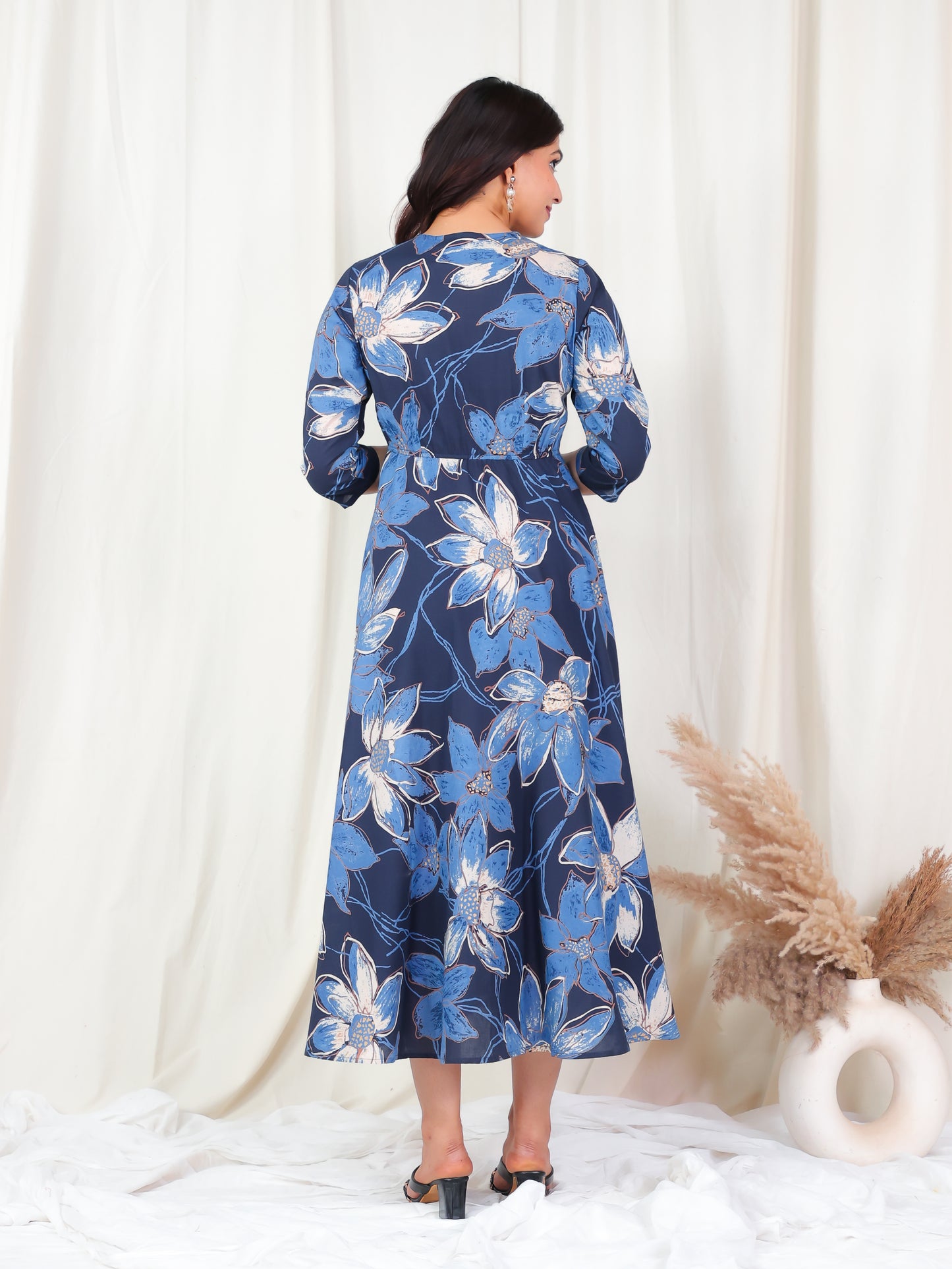 Embroidered Soft Cotton Floral Flared Blue Dress