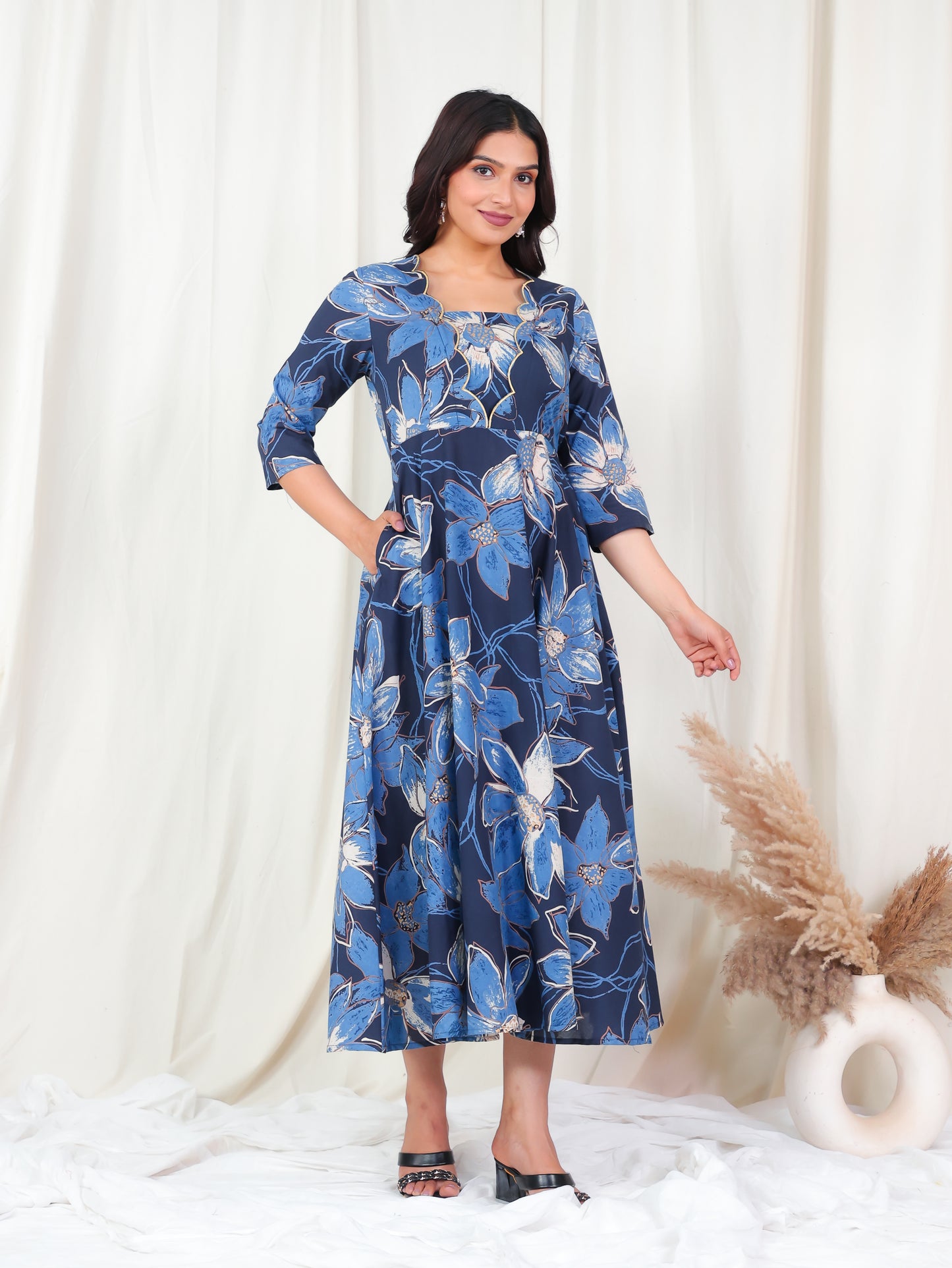 Embroidered Soft Cotton Floral Flared Blue Dress