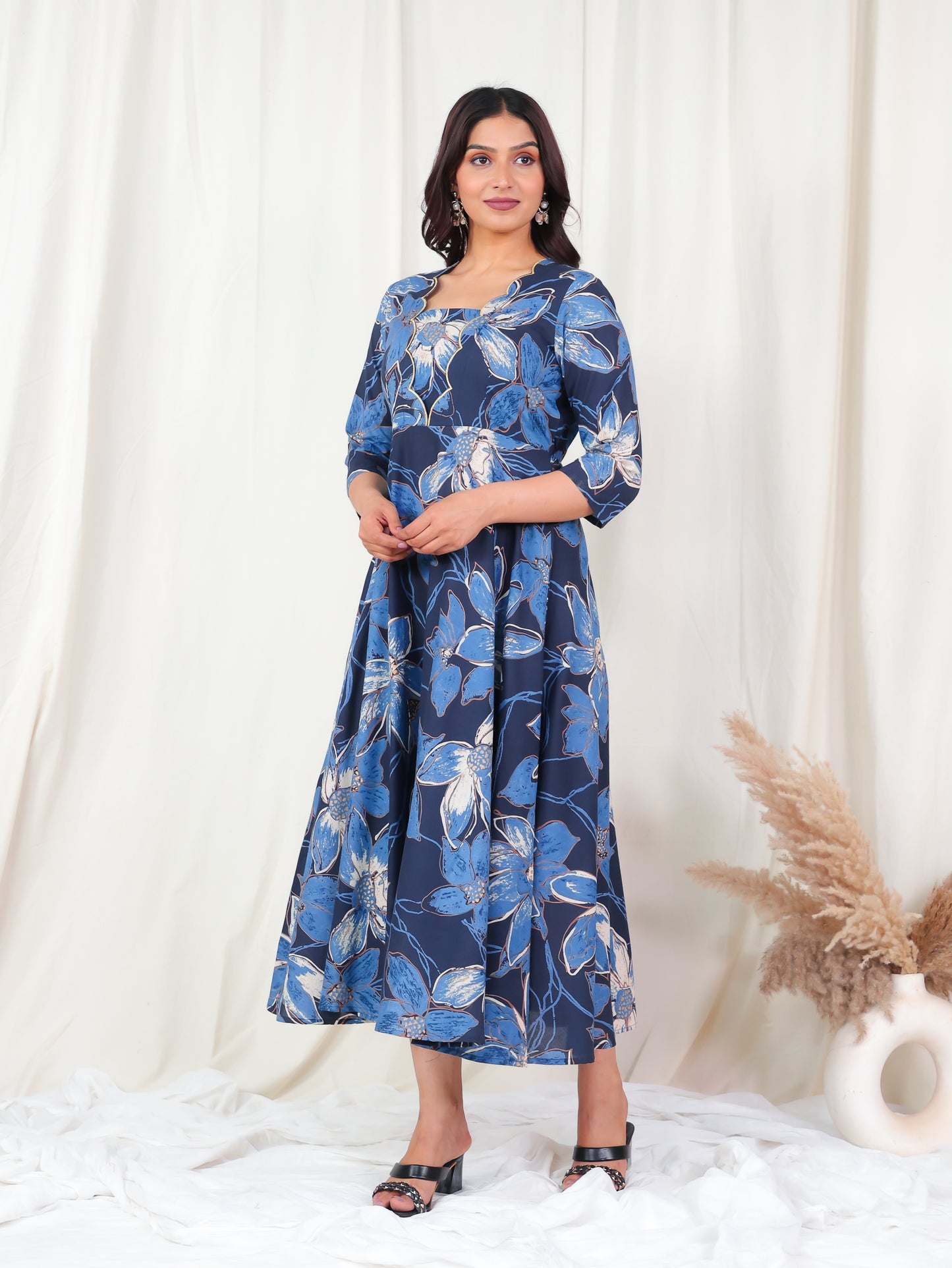 Embroidered Soft Cotton Floral Flared Blue Dress