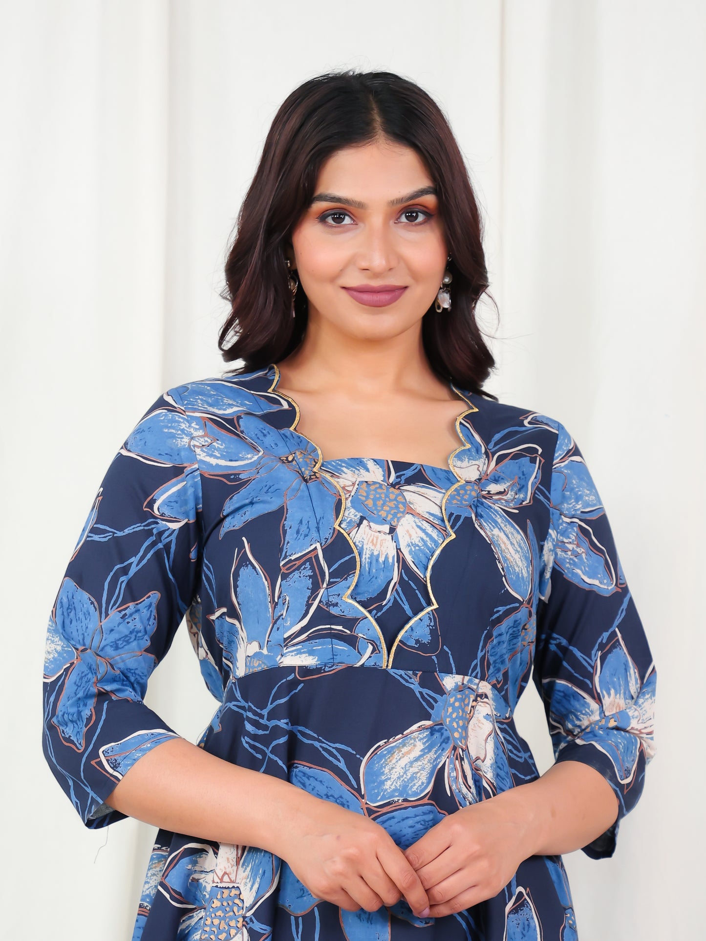 Embroidered Soft Cotton Floral Flared Blue Dress