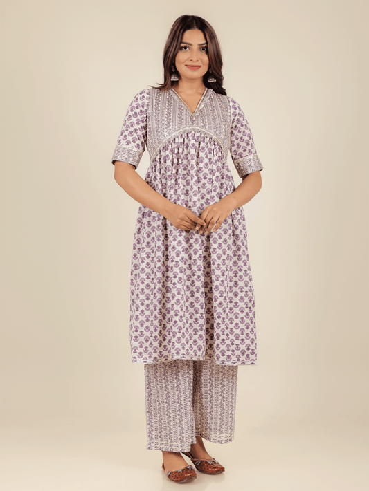 Soft Cotton Block Anarkali White Kurta