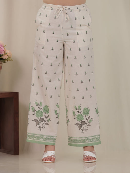 Linen Cotton Placement Print Off White Palazzo