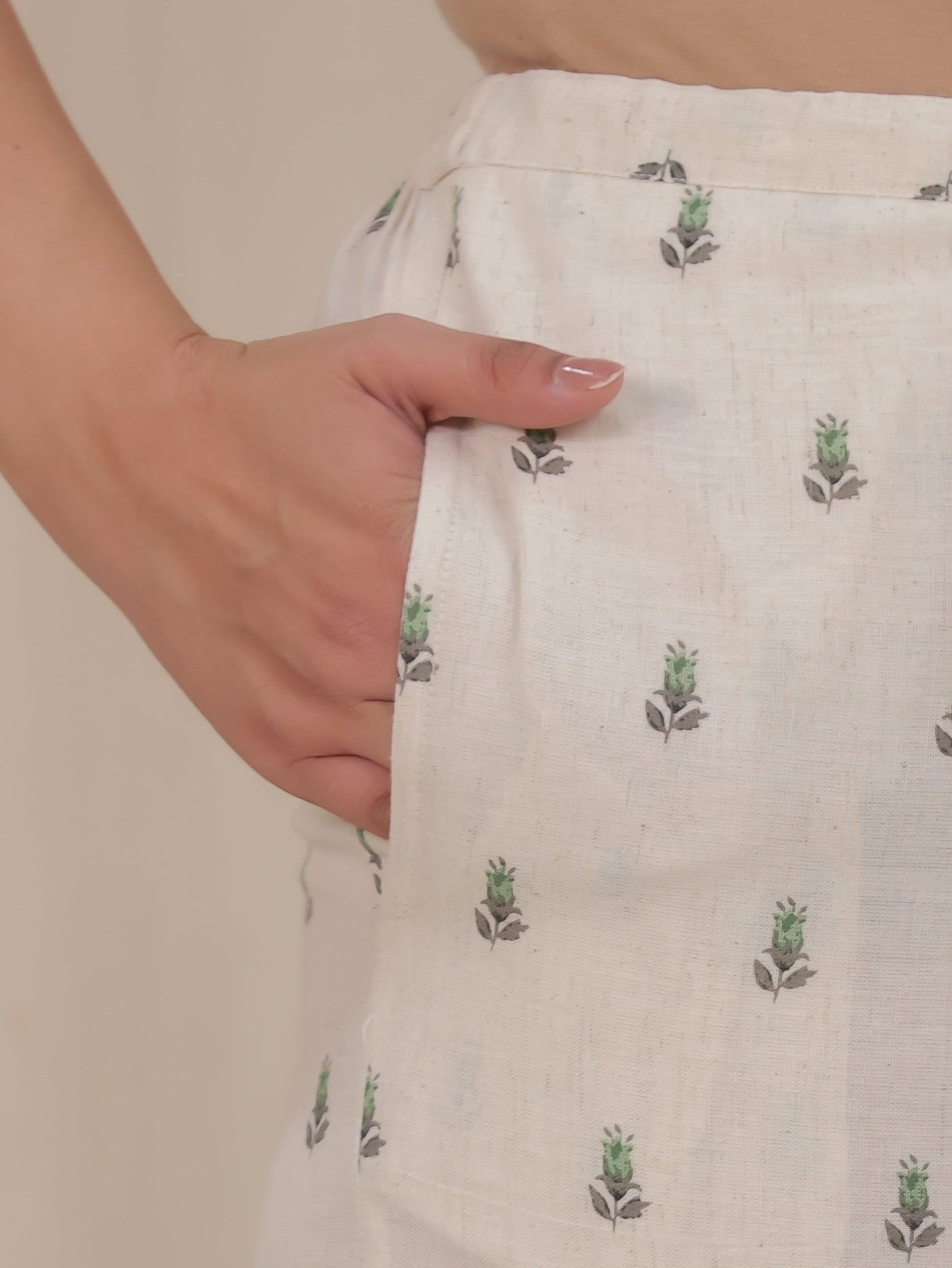 Linen Cotton Placement Print Off White Palazzo