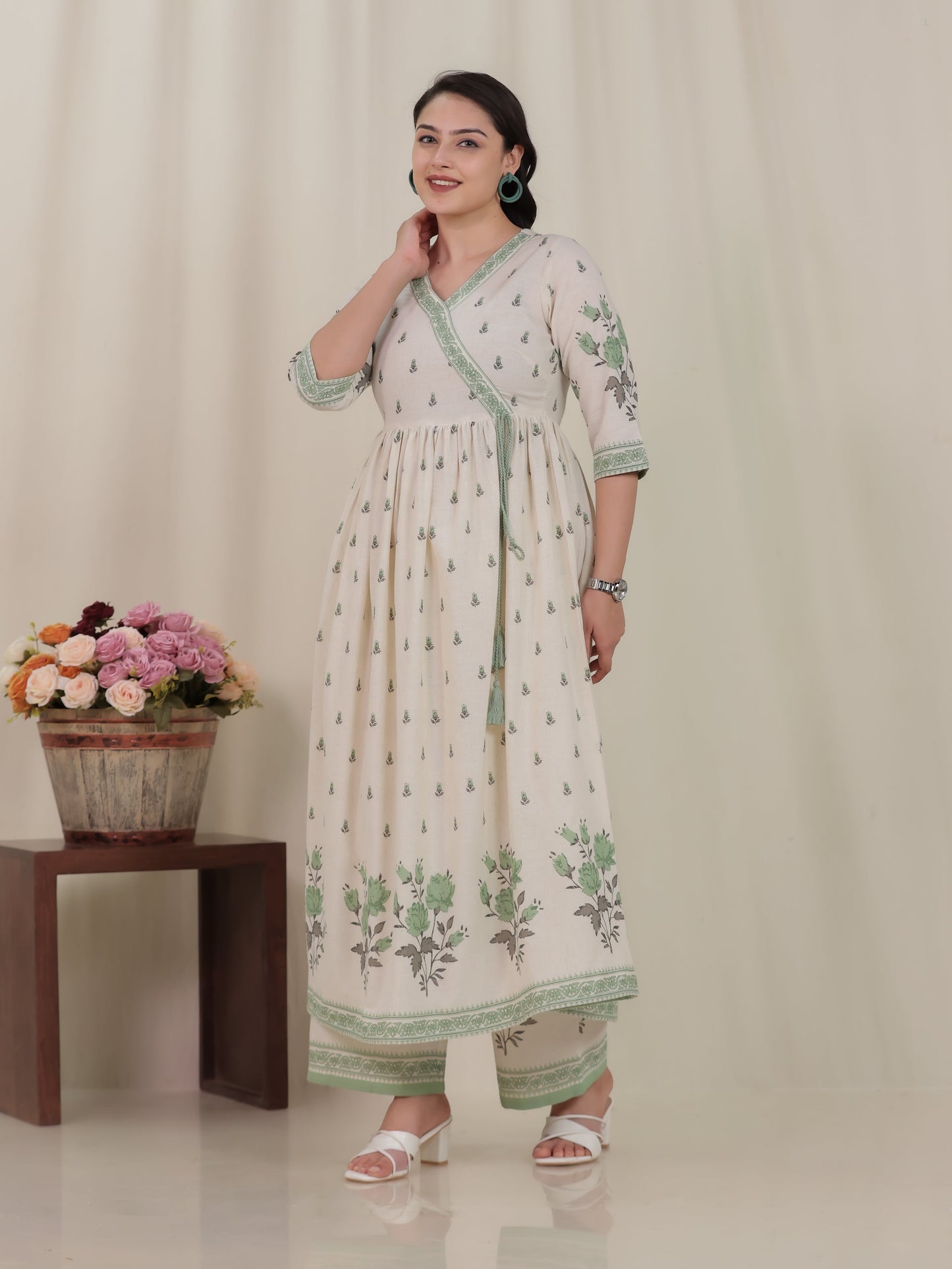 Linen Cotton Placement Print Angrakha Off White Kurta