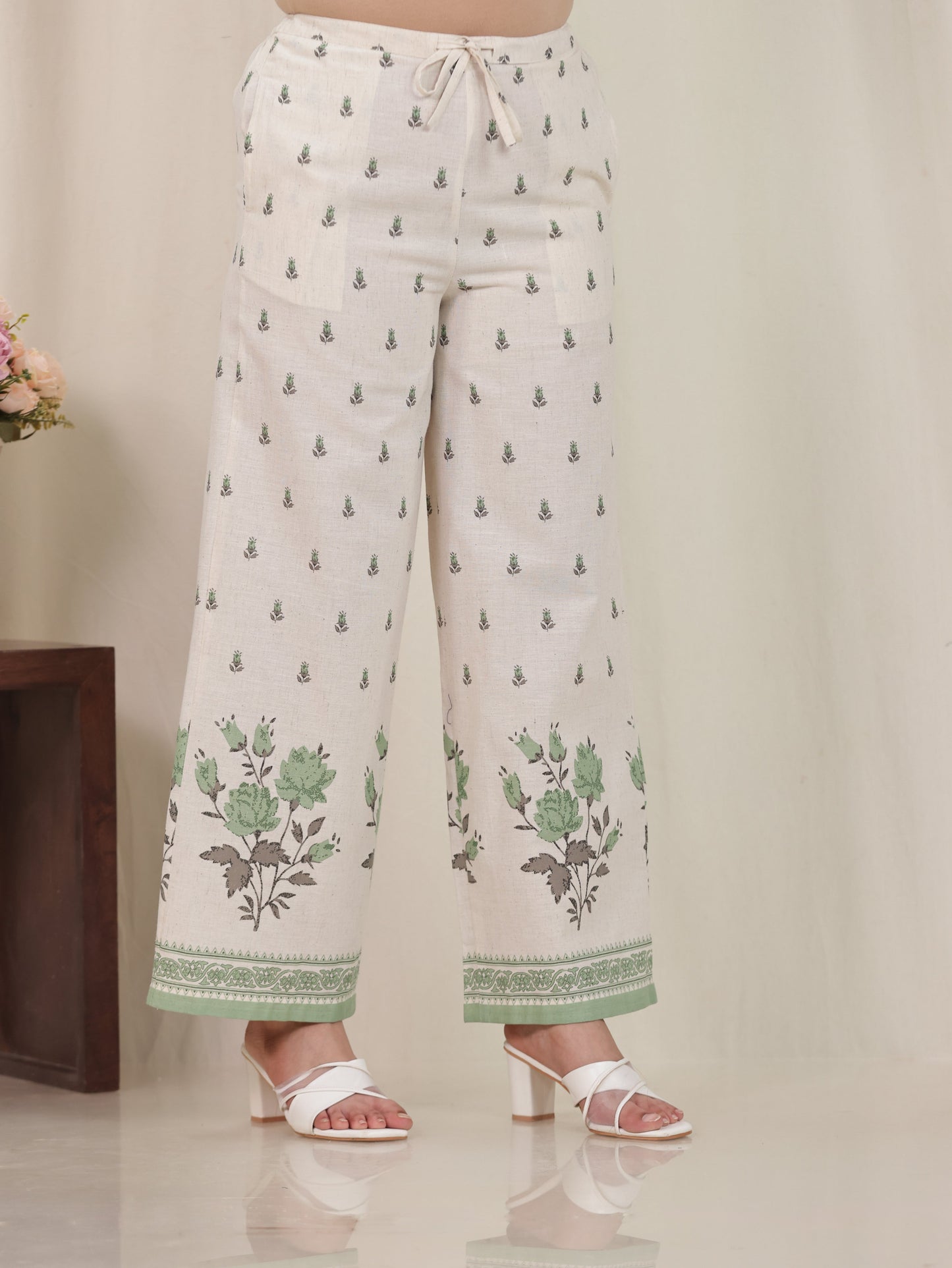 Linen Cotton Placement Print Angrakha Off White Kurta