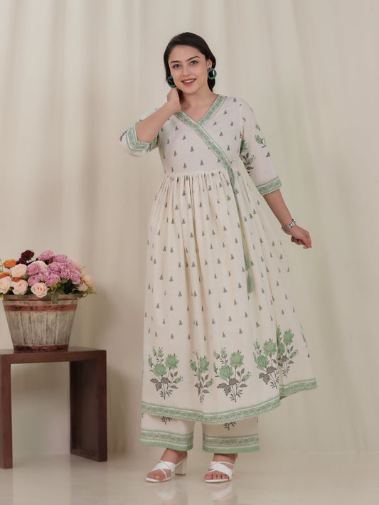 Linen Cotton Placement Print Angrakha Off White Kurta
