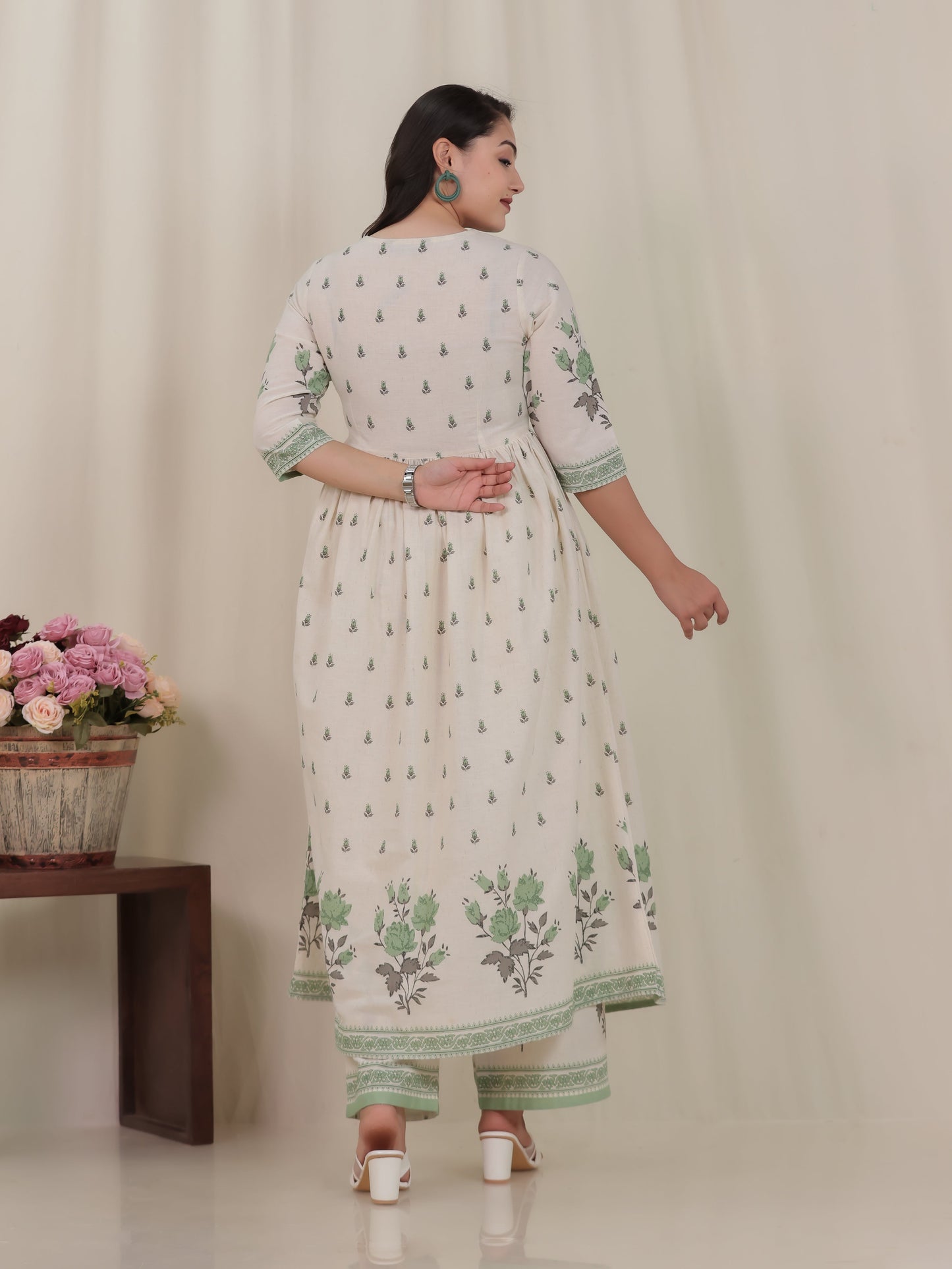 Linen Cotton Placement Print Angrakha Off White Kurta
