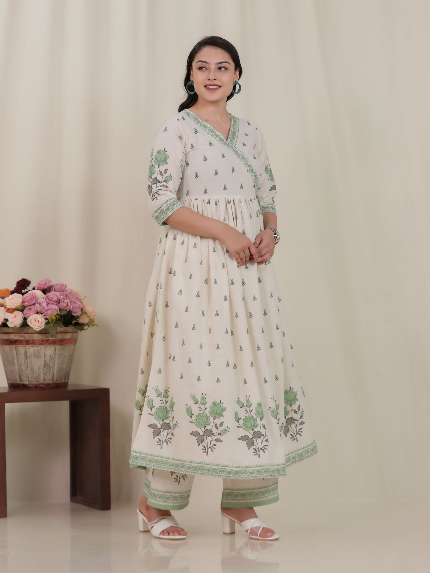 Linen Cotton Placement Print Angrakha Off White Kurta