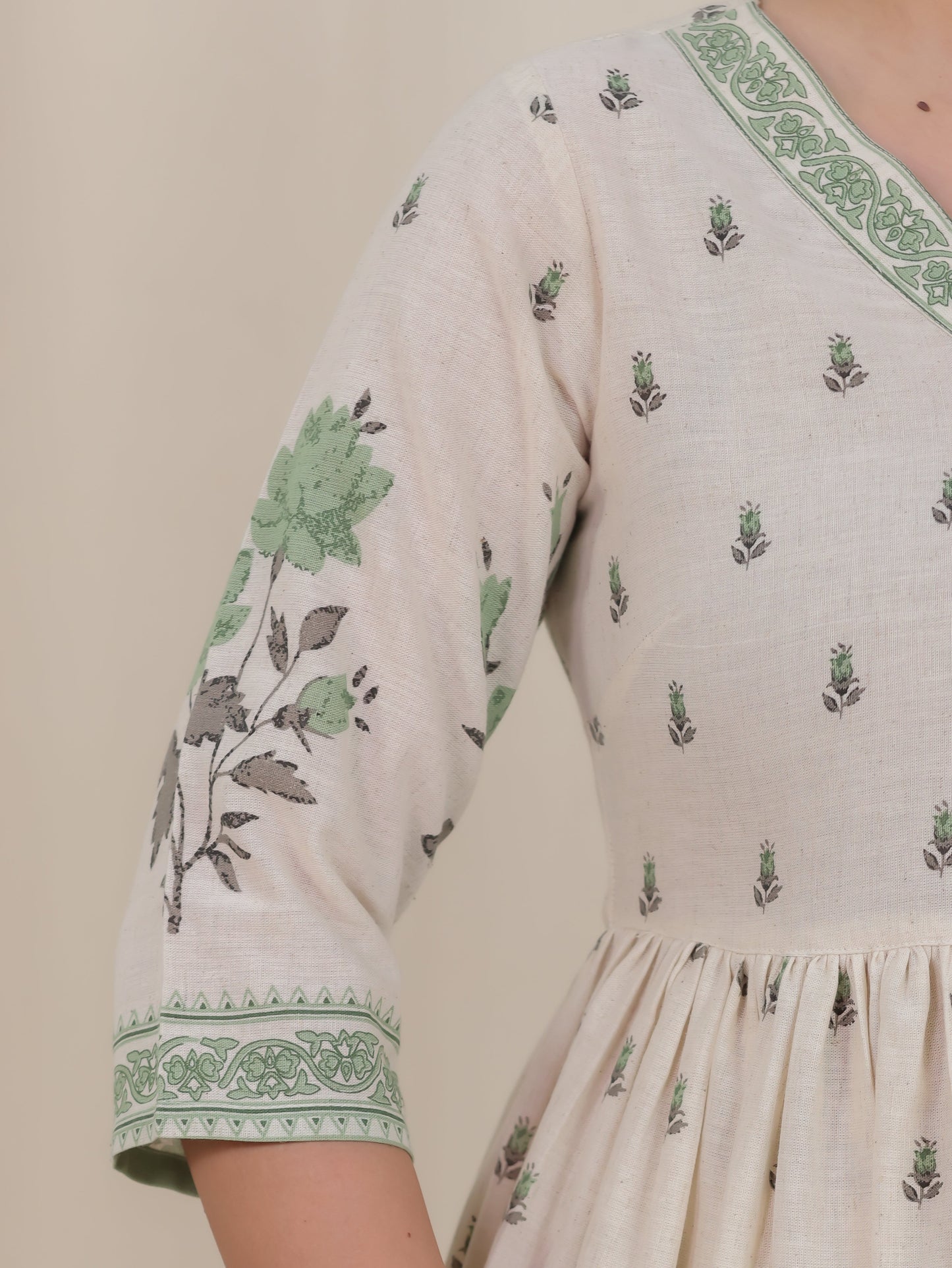 Linen Cotton Placement Print Angrakha Off White Kurta