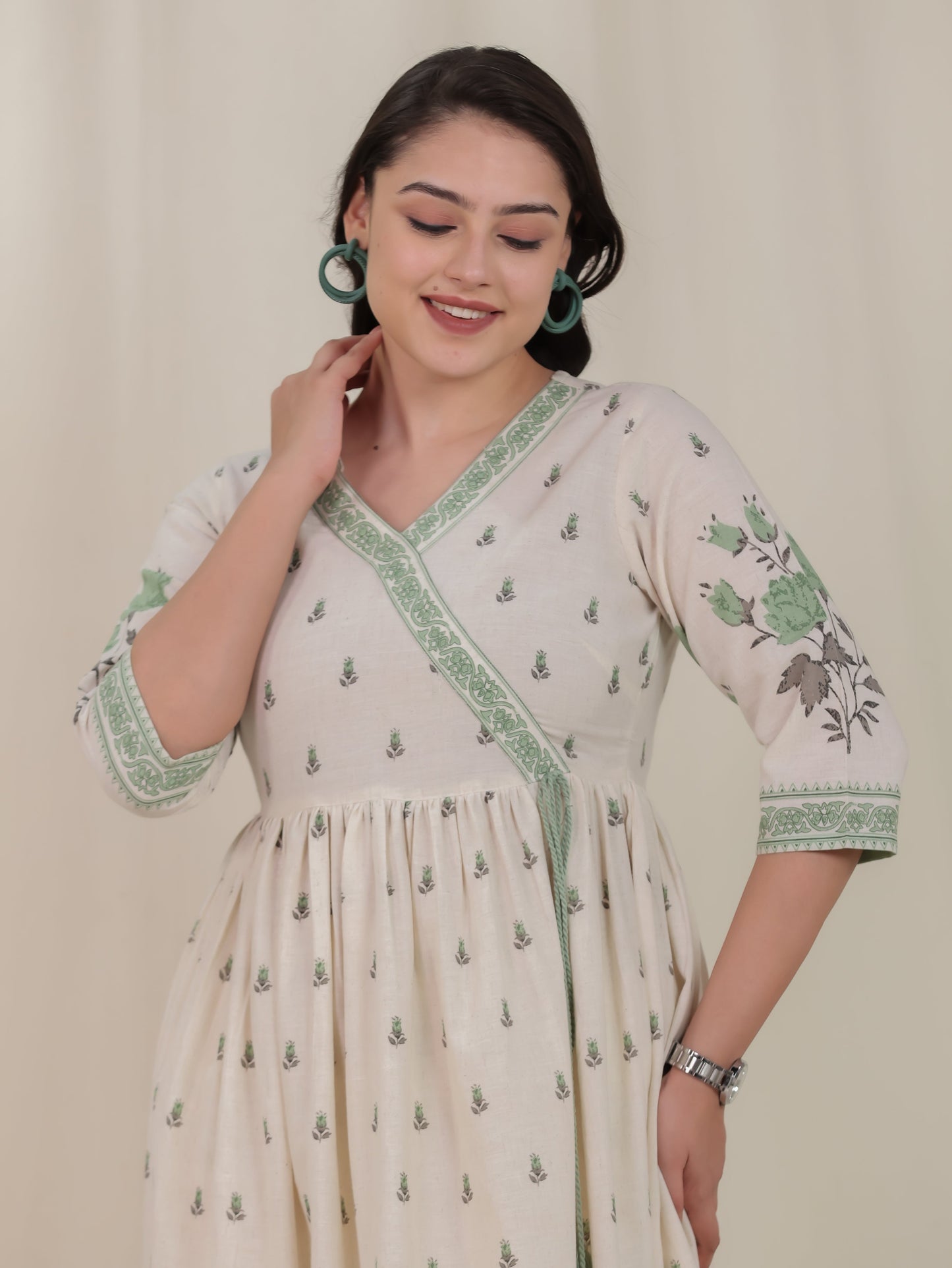 Linen Cotton Placement Print Angrakha Off White Kurta