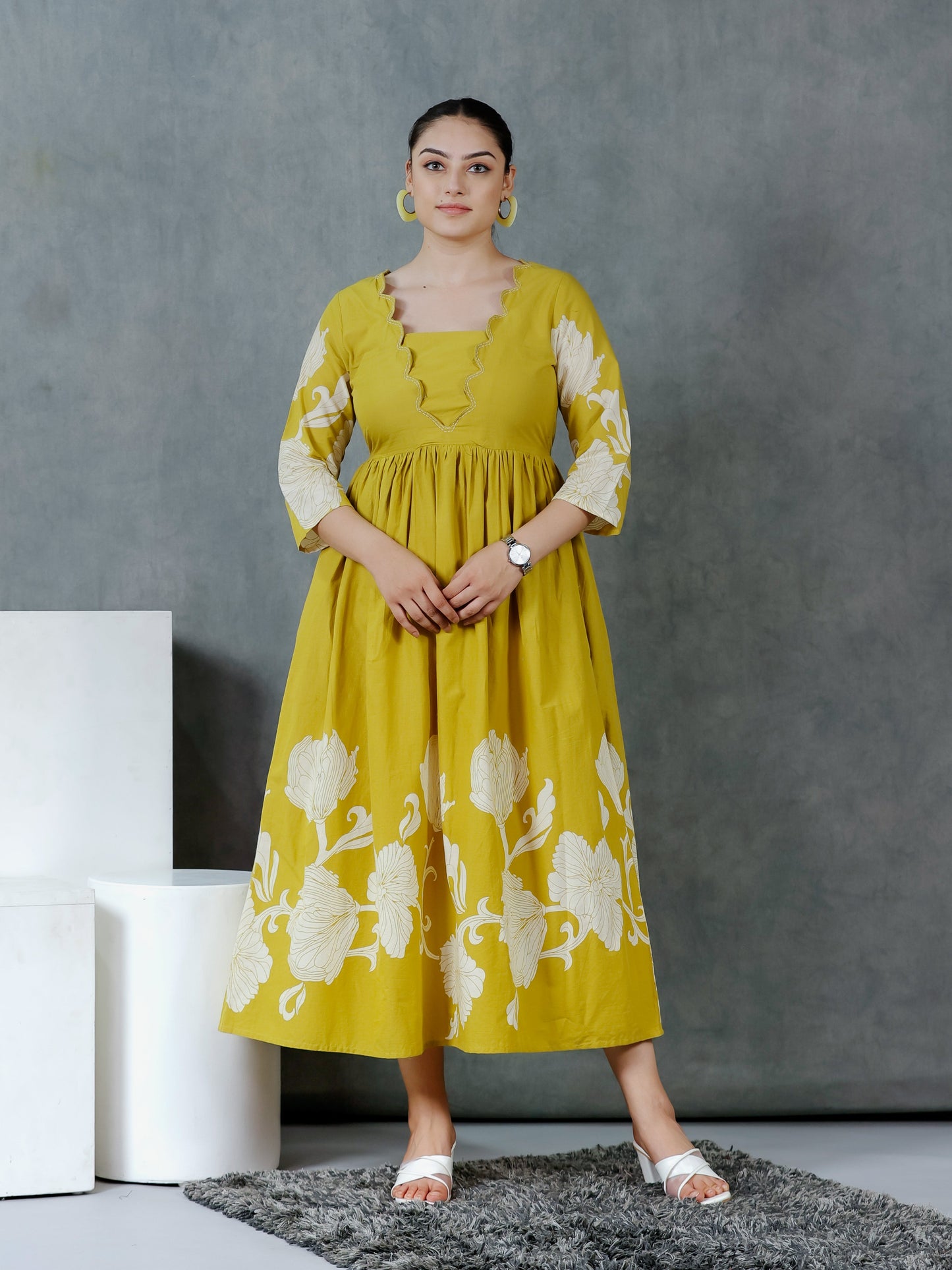Embroidered Soft Cotton Placement Print Flared Lemon Yellow Dress