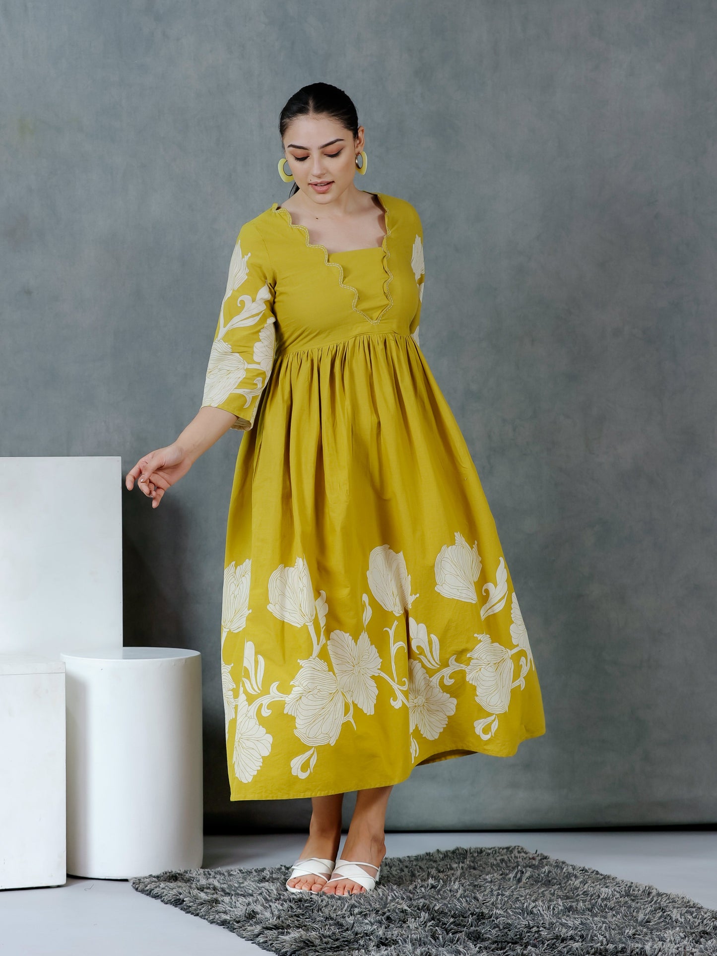 Embroidered Soft Cotton Placement Print Flared Lemon Yellow Dress