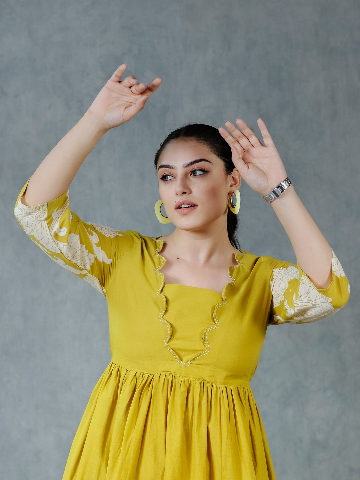 Embroidered Soft Cotton Placement Print Flared Lemon Yellow Dress