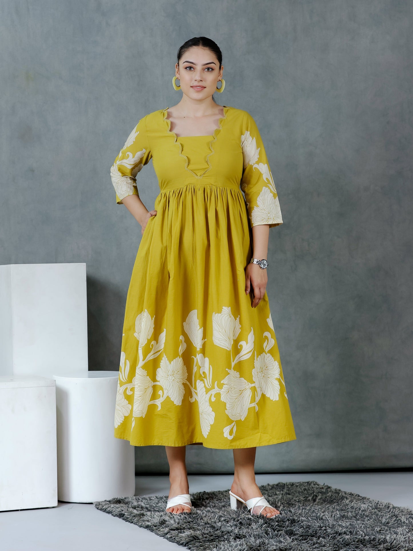 Embroidered Soft Cotton Placement Print Flared Lemon Yellow Dress