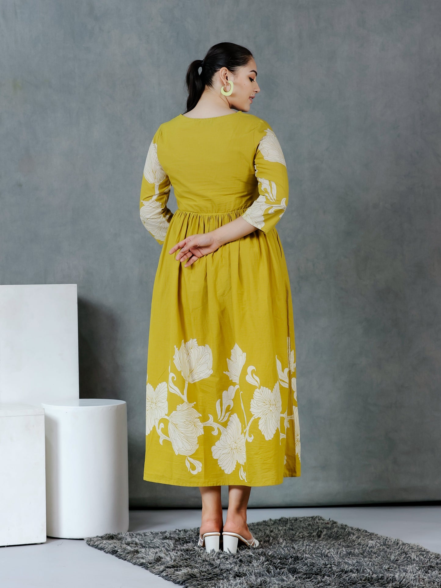 Embroidered Soft Cotton Placement Print Flared Lemon Yellow Dress