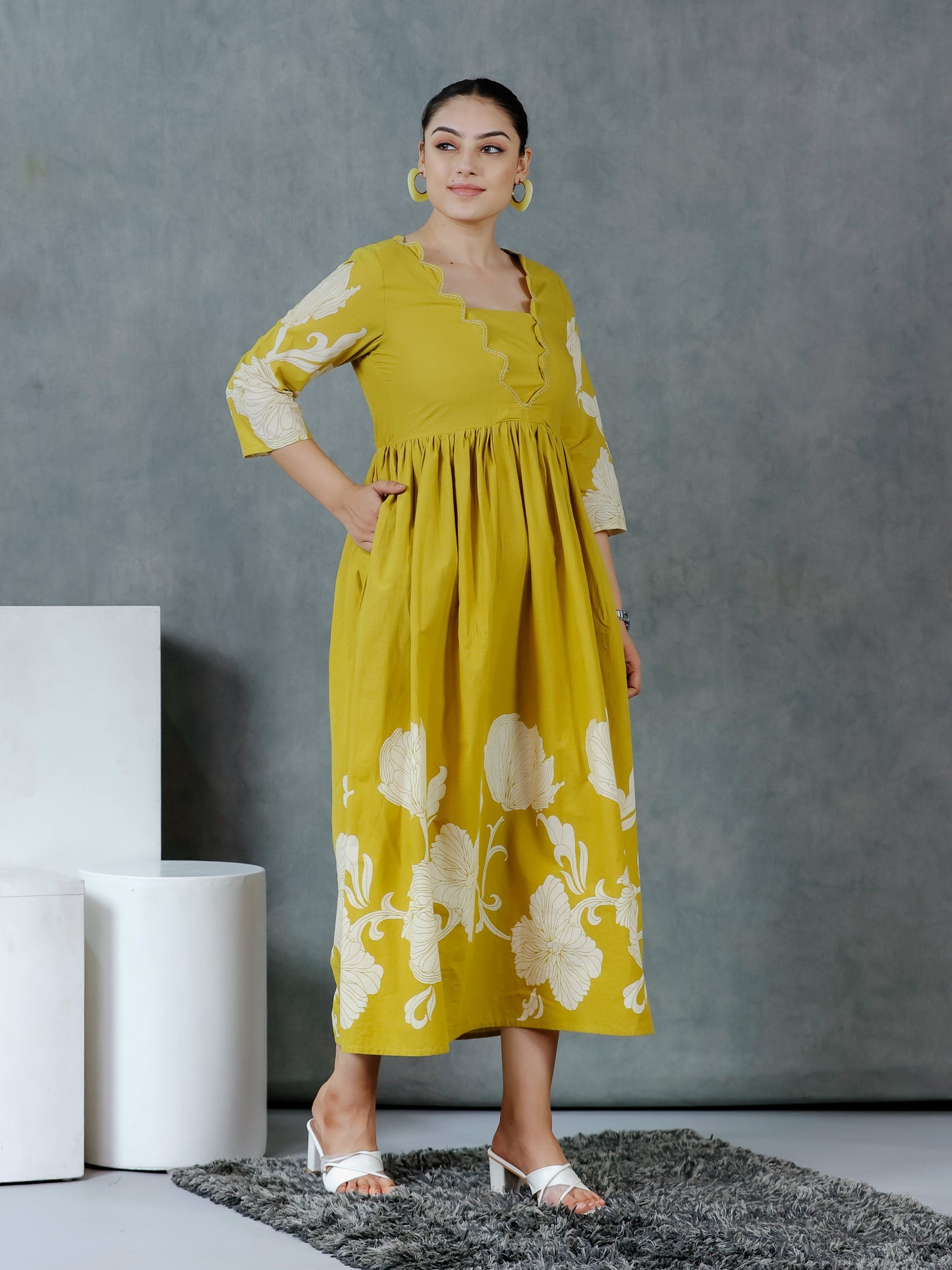 Embroidered Soft Cotton Placement Print Flared Lemon Yellow Dress