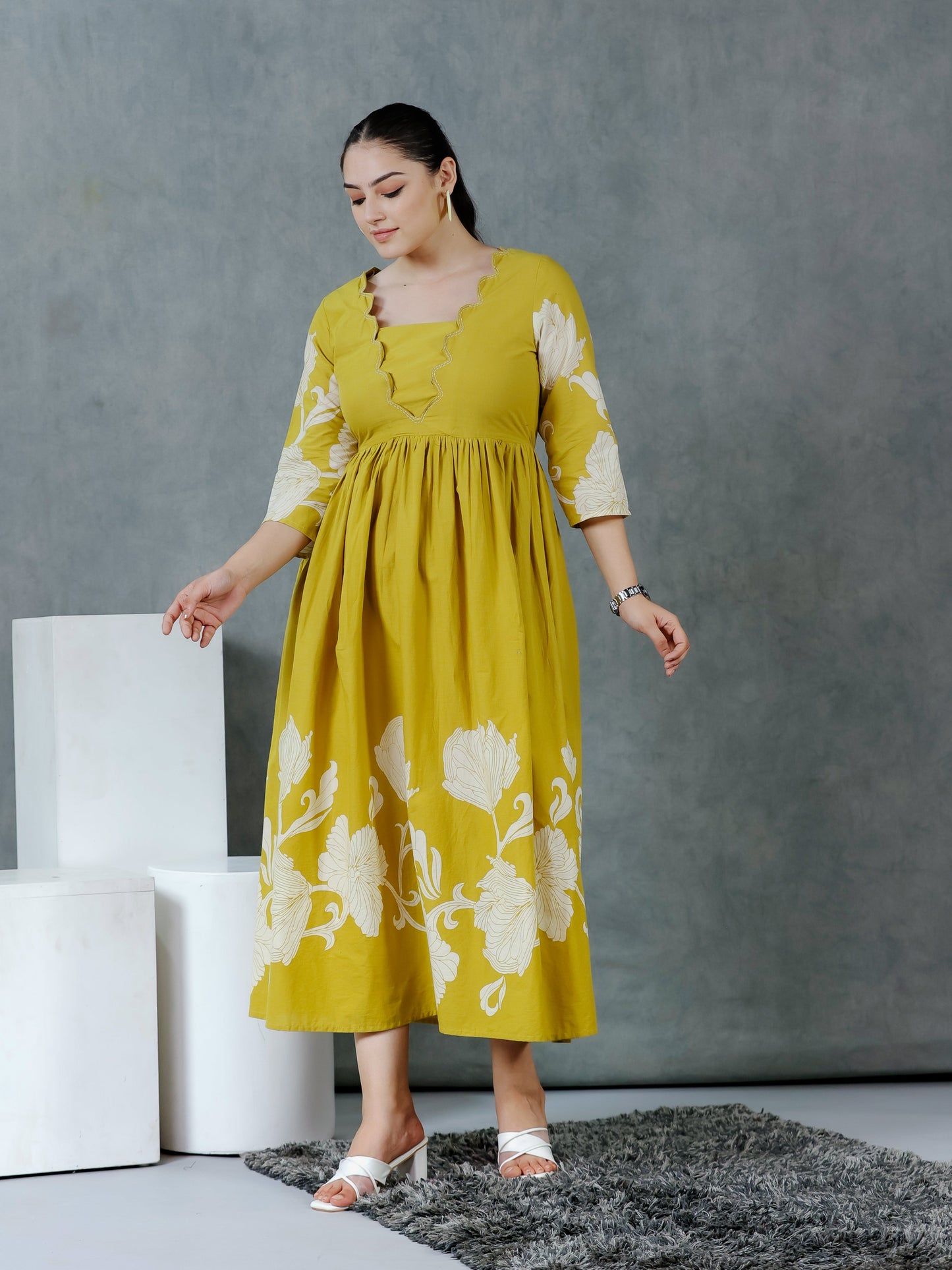 Embroidered Soft Cotton Placement Print Flared Lemon Yellow Dress