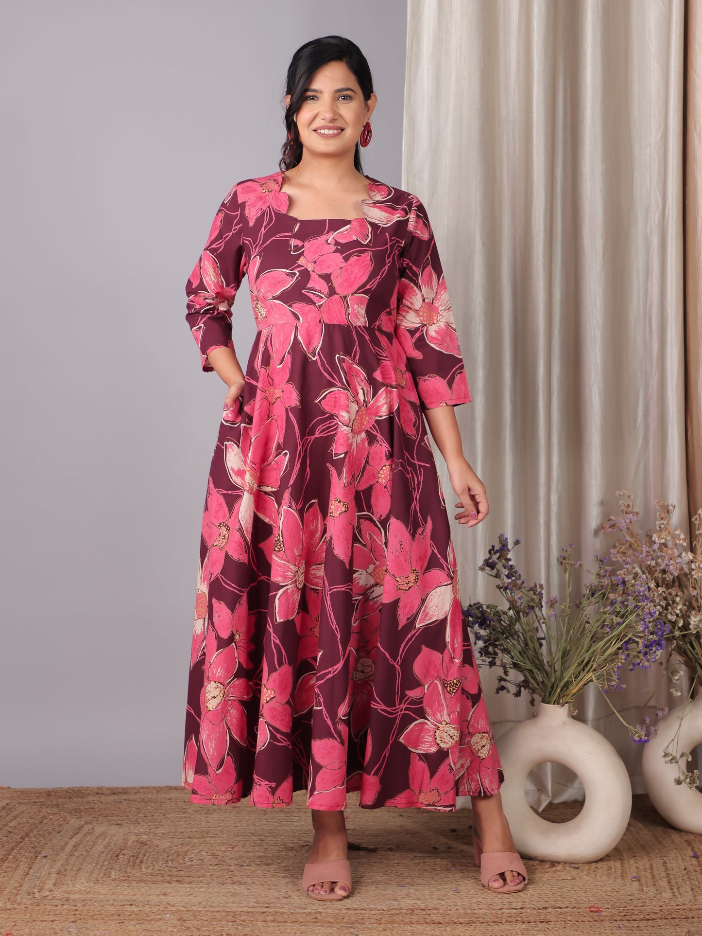 Soft Cotton Floral Flared Purple Dress